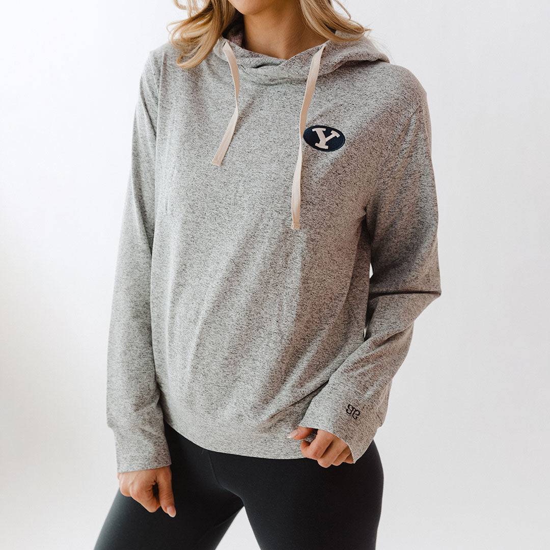 BYU Travel Hoodie for Men & Women - Soft Heather Grey Pullover Sweatshirt - Perfect for College, Campus, and Outdoor Adventures