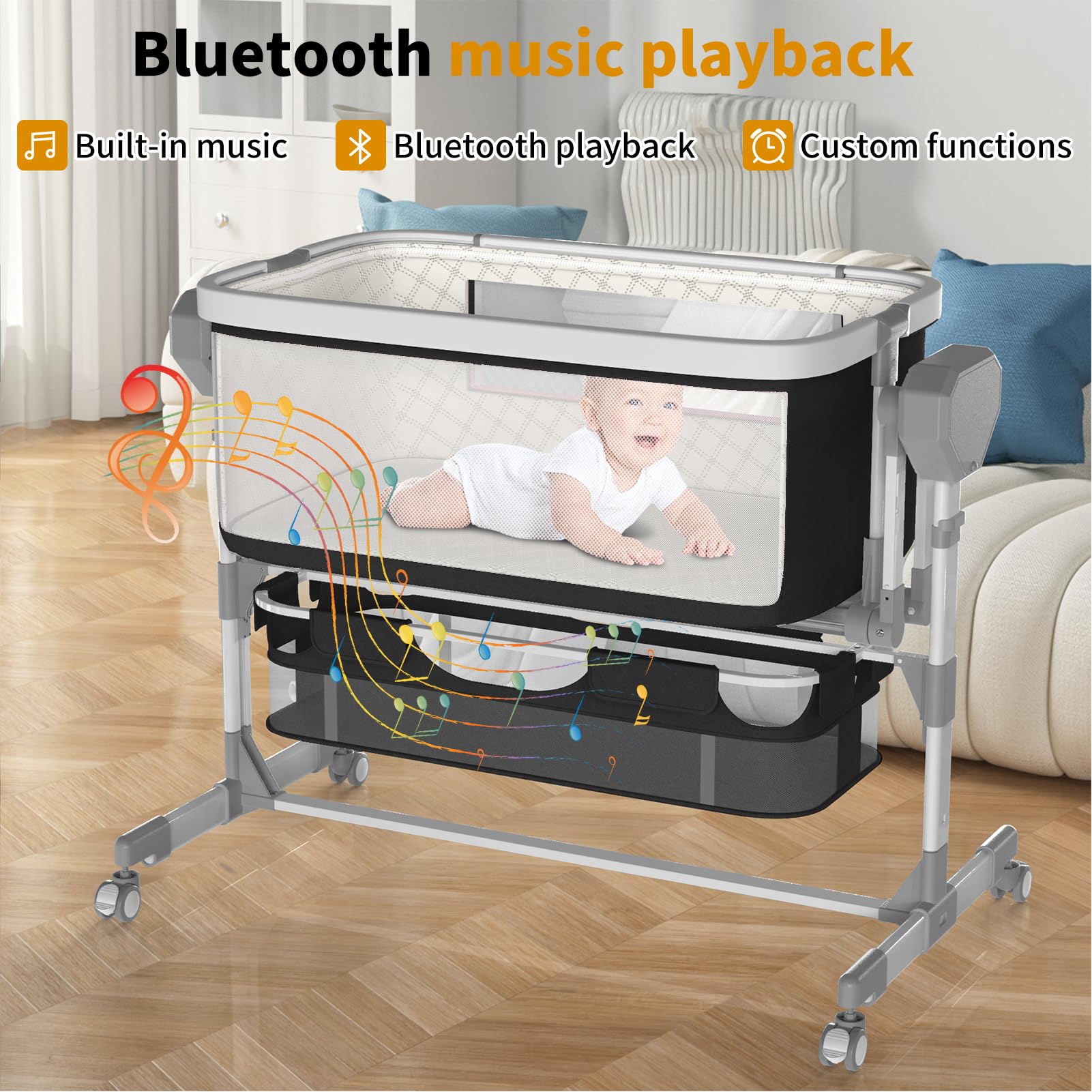 Electric Baby Bassinet with 5 Rocking Motions & Auto Rolling - Adjustable Height Bedside Sleeper for Newborns, Includes 4 Soothing Lullabies | Perfect for Nursery, Bedroom & Travel (White)