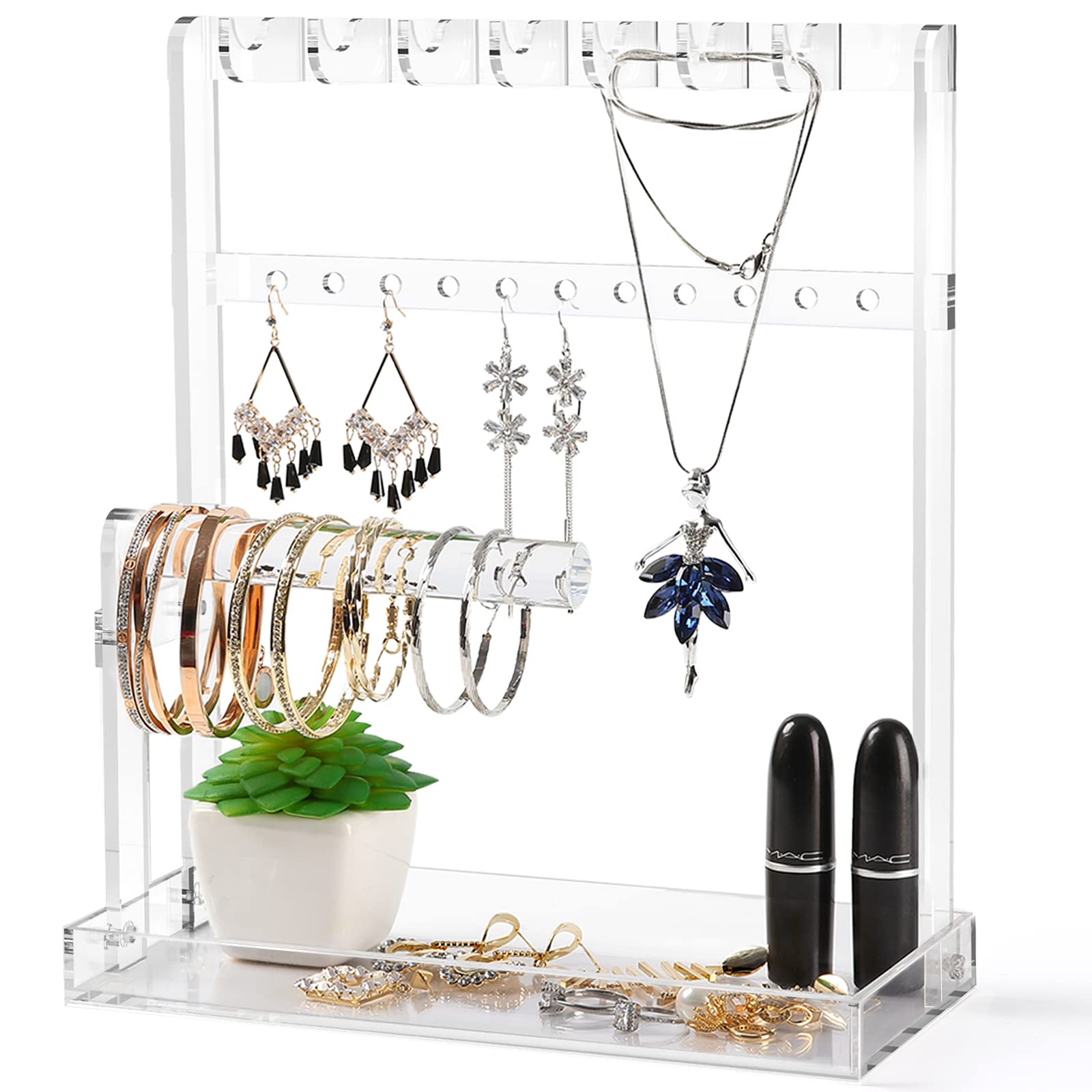 4-Tier Acrylic Jewelry Display Stand Organizer for Necklaces, Earrings, Bracelets, Rings & Watches - Jewelry Tree with Tray for Women & Girls - Perfect Gift for Bedroom, Bathroom & Vanity Organization