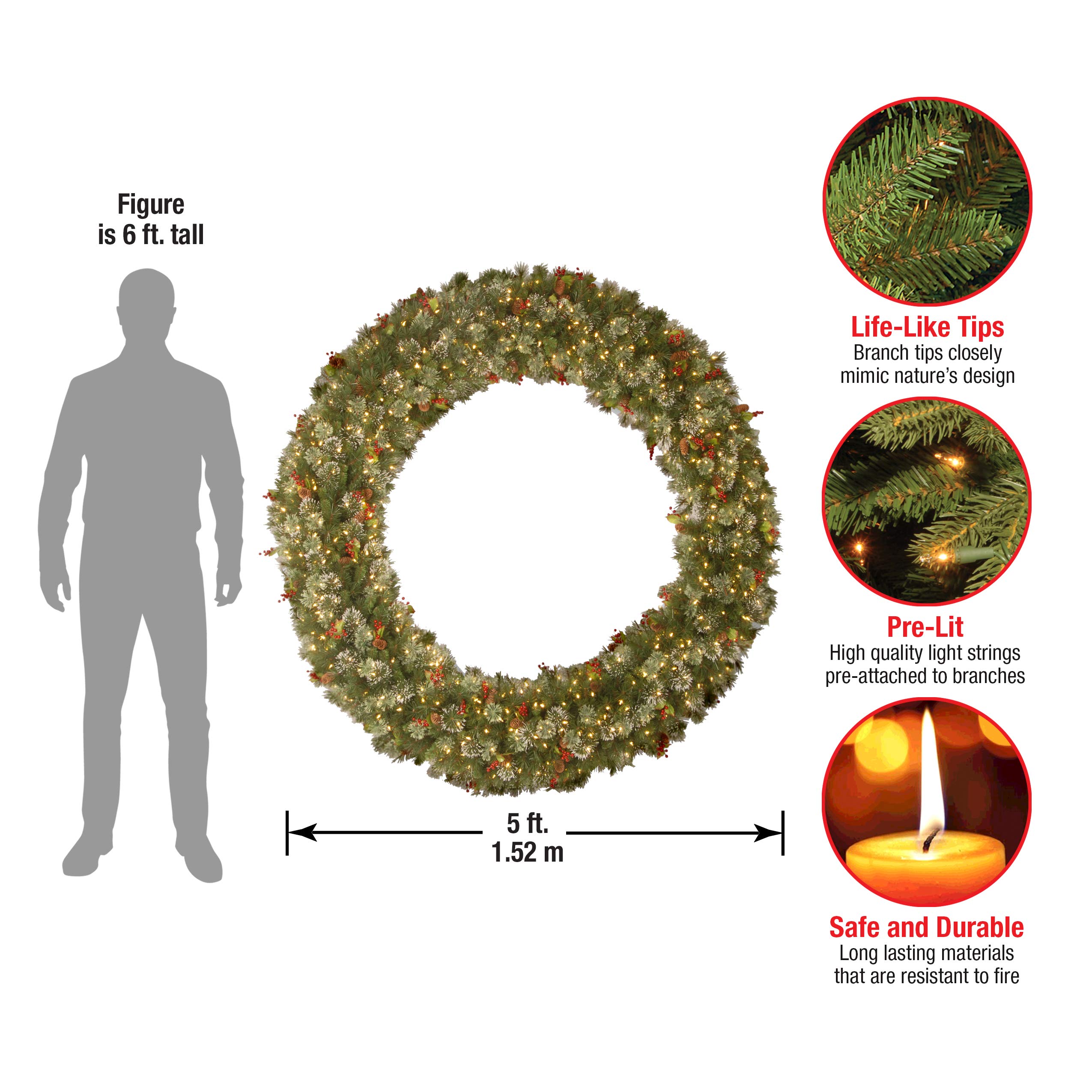 National Tree Company 60-Inch Pre-Lit Artificial Christmas Wreath - Wintry Pine with White LED Lights, Pine Cones, Berry Clusters & Frosted Branches | Holiday Decor for Front Door, Mantel & Christmas Tree Decorating