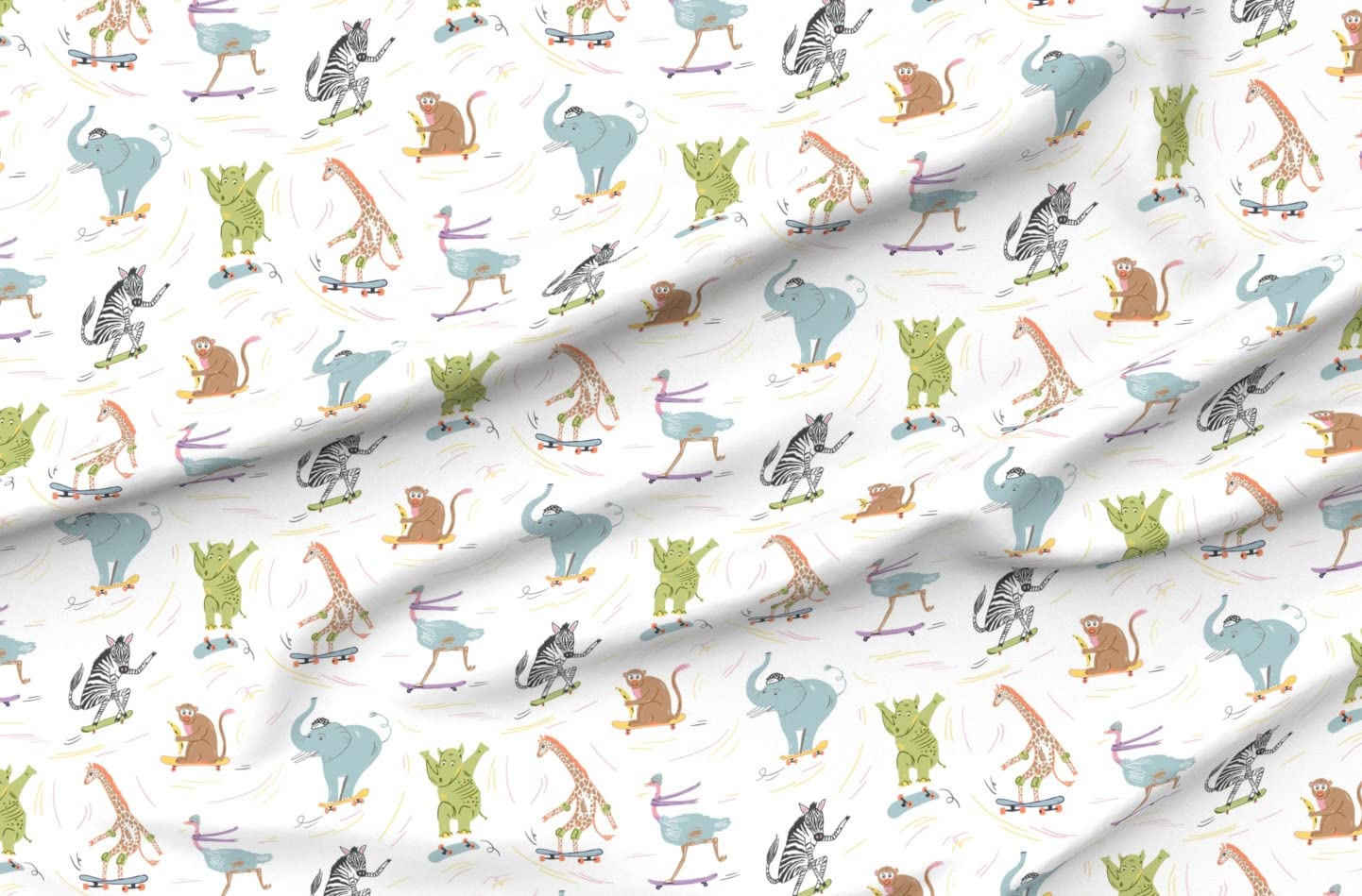 Skater Safari Kids Fabric - Pastel Zebra Monkey Giraffe Print Cotton Poplin by The Yard for Sewing, Quilting, Dresses & DIY Crafts | Perfect for Children's Clothing, Home Decor & Nursery Projects