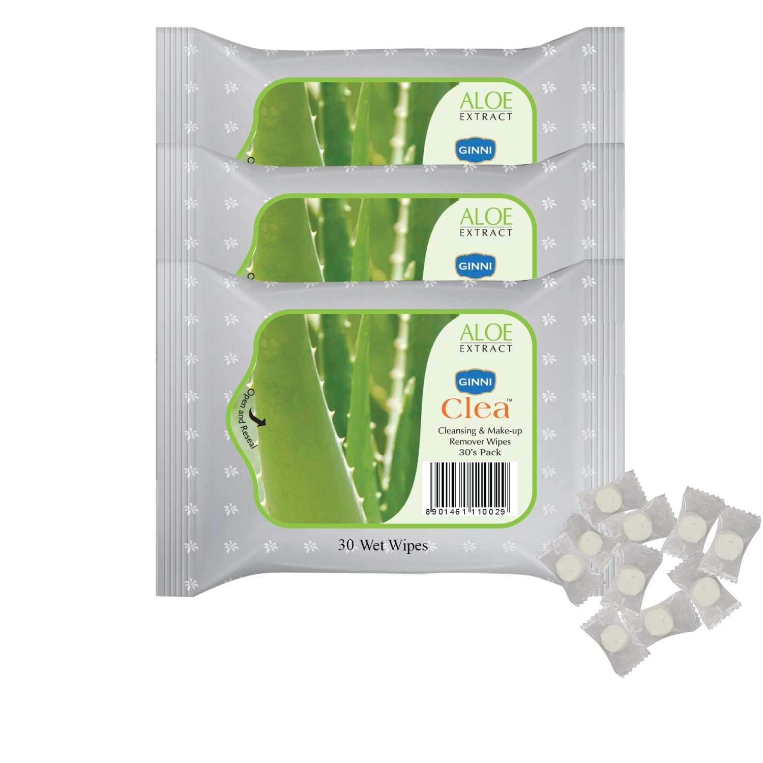 Ginni Clea Aloe Vera Cleansing & Makeup Remover Wet Wipes - 30 Wipes per Pack (3 Packs) | Gentle Face Wipes for Sensitive Skin, Travel & On-the-Go Makeup Removal