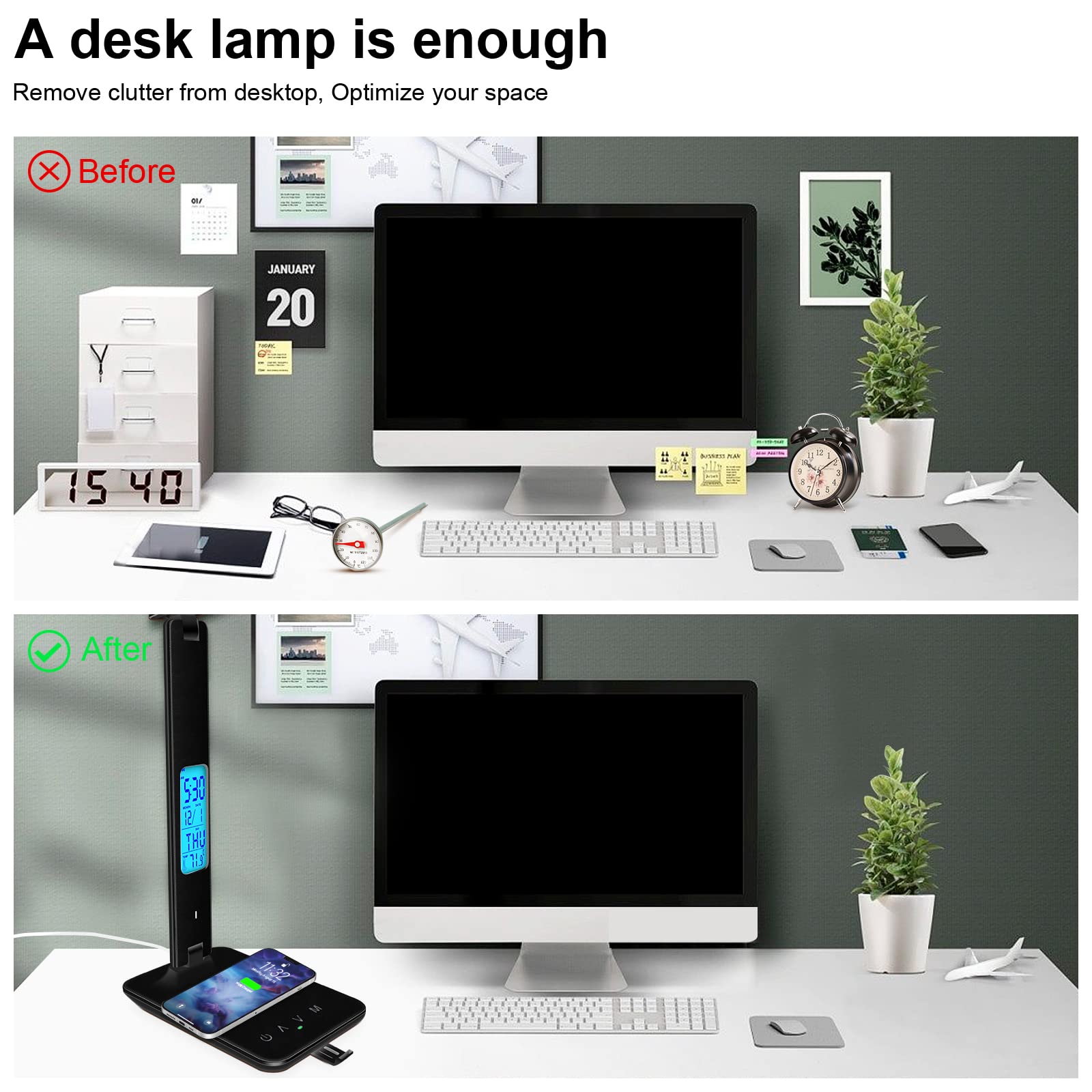 Wireless Charging Desk Lamp with USB Port, Dimmable LED Office Light with Clock, Alarm, Date & Temperature Display - Foldable Table Lamp for Bedroom, Bedside, Study & Office Workspace (Black) | Perfect for Night Reading, Working & Phone Charging