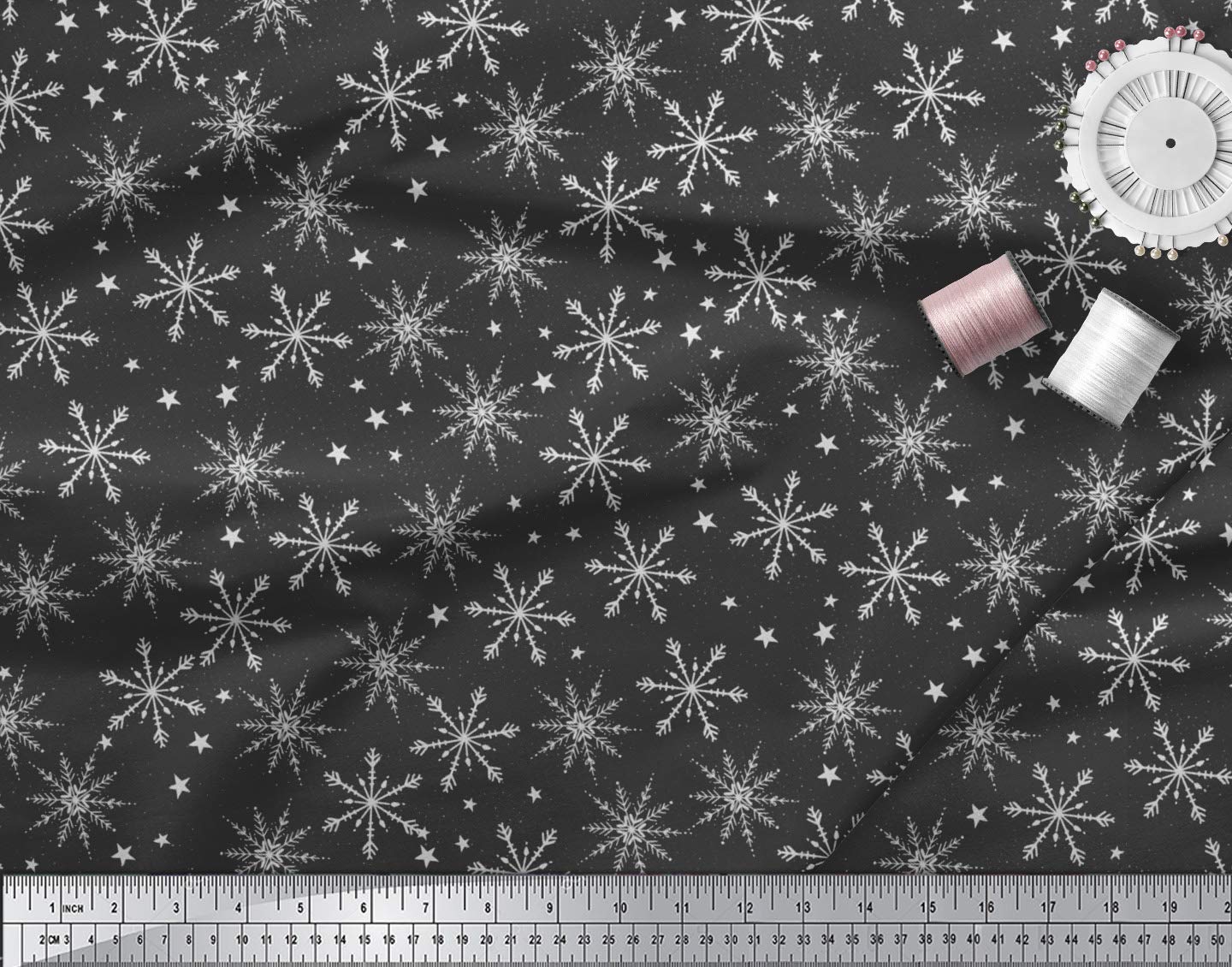 Soimoi Moss Georgette Black Fabric by The Yard - 42 Inch Wide Printed Fabric with Snowflakes & Stars Pattern - Winter Whimsy Design for Dresses, Scarves, DIY Crafts and Home Decor