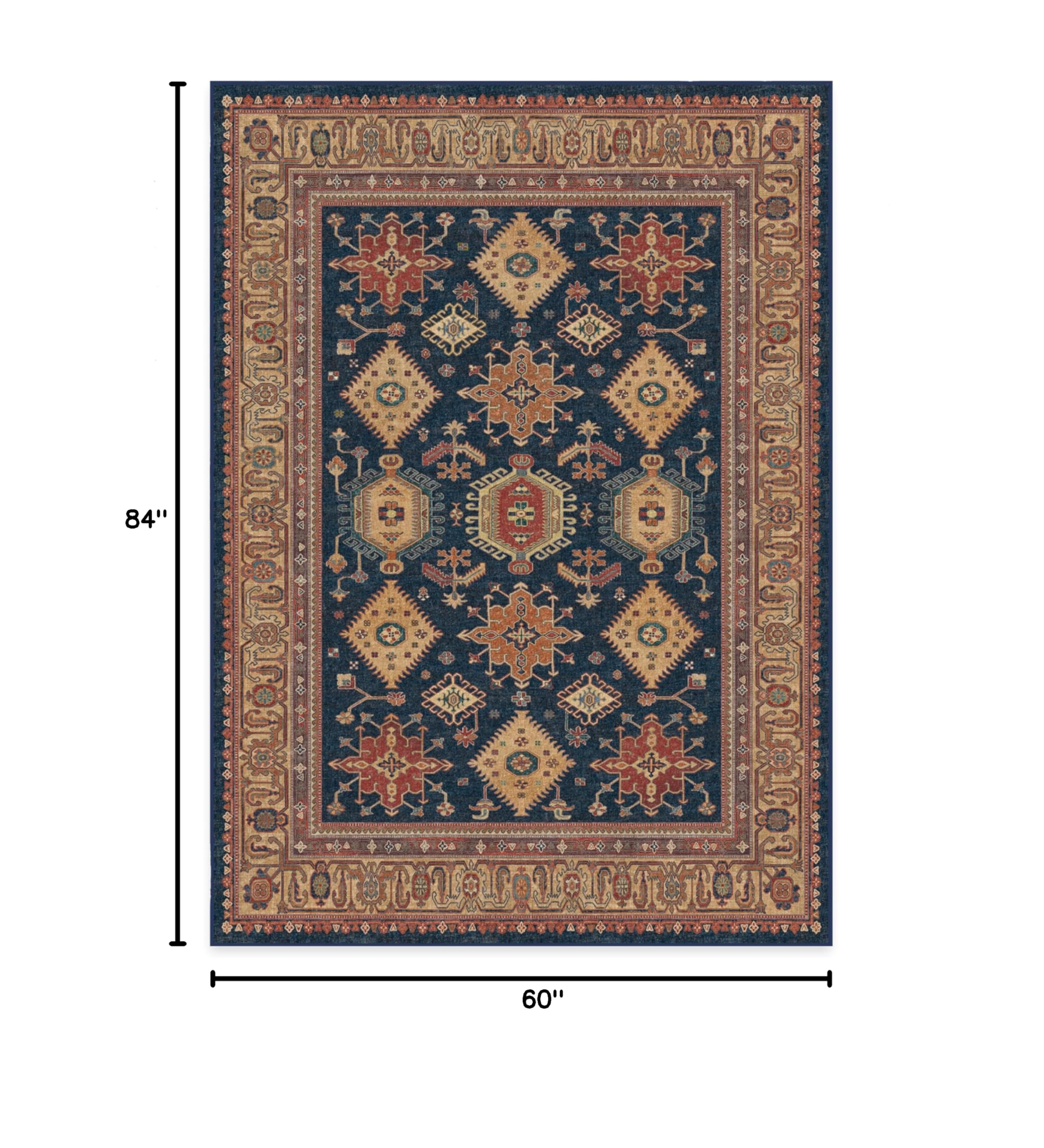 Ruggable Washable 5x7 Area Rug - Cambria Sapphire Vintage Design | Non-Slip Gripper Pad Included | Perfect for Living Room, Bedroom, Kitchen, Office & Classroom | Easy to Clean Machine Washable Rug for High Traffic Areas