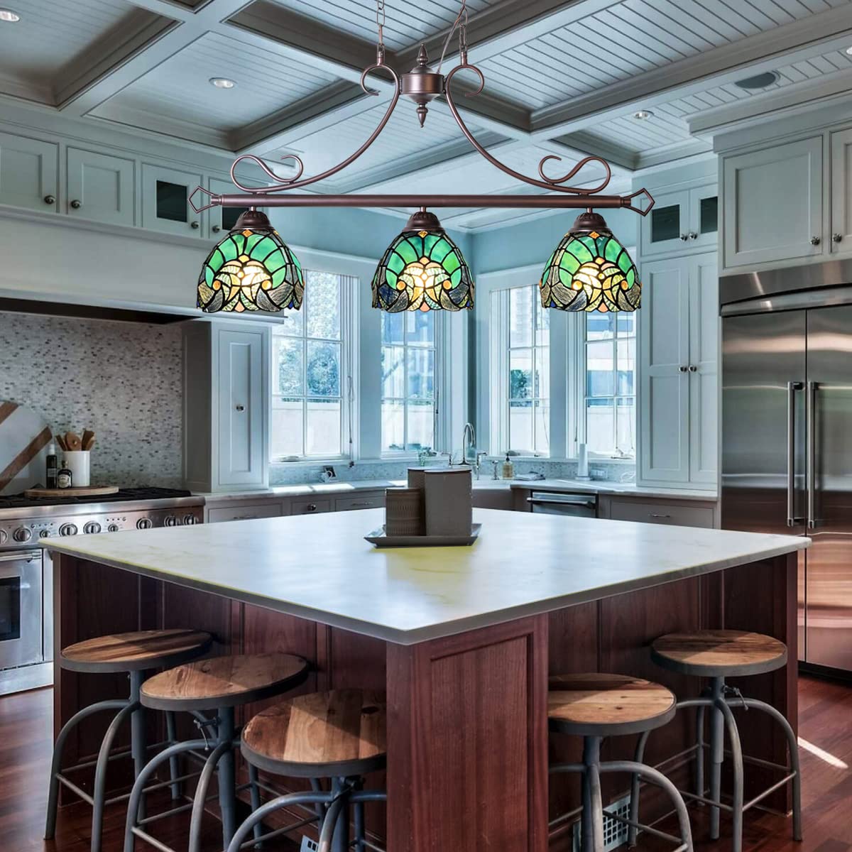 Tiffany Style Pool Table Chandelier - 3-Light Stained Glass Pendant Lighting Fixture for Dining Room, Kitchen Island, Game Room & Bar Decor | Perfect for Billiards, Entertainment Areas & Home Improvement