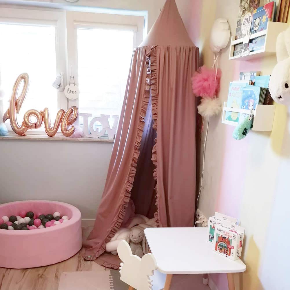 Bohemian Dusty Rose Bed Canopy with Frills - Kids Reading Nook & Play Tent, Hanging Net for Nursery Decor, Perfect for Bedroom, Playroom or Outdoor Camping