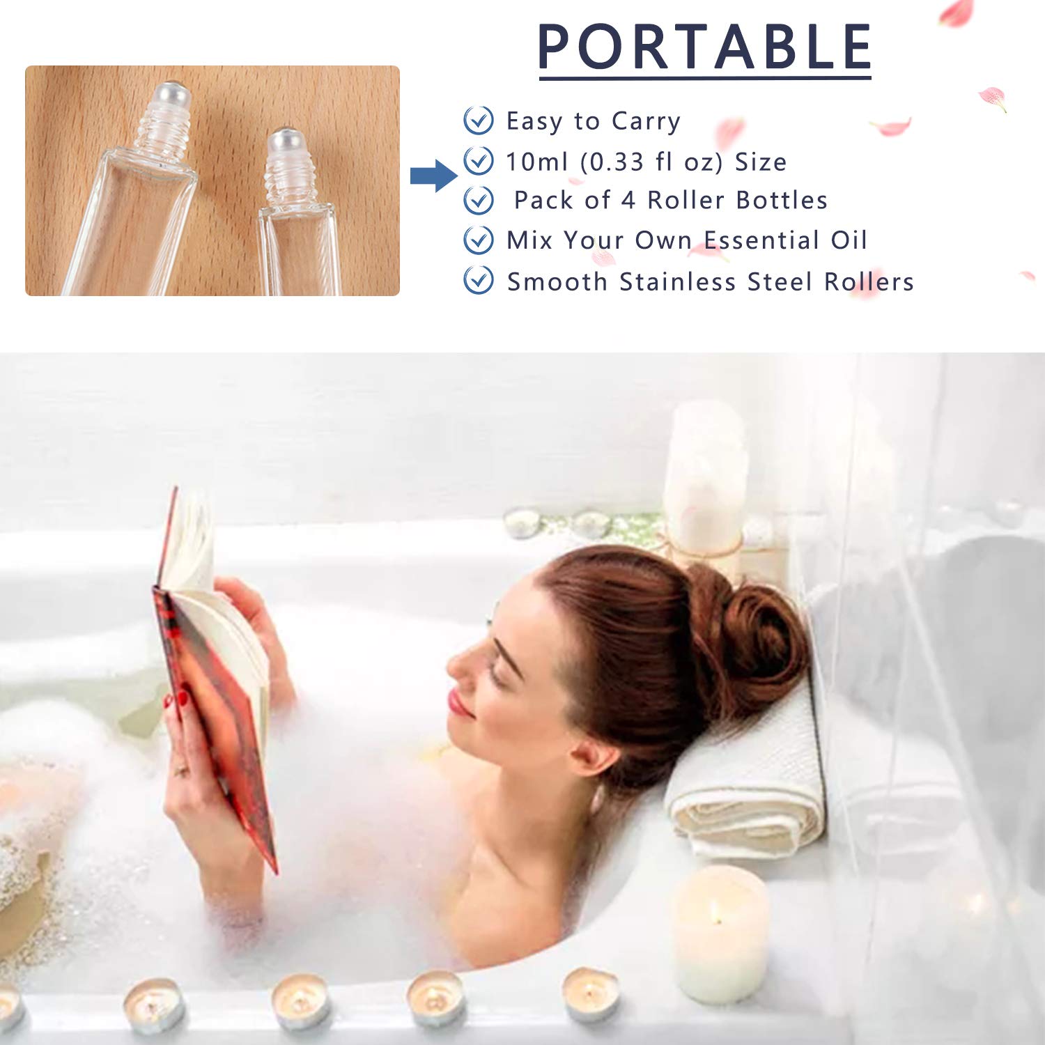 Wifreo Refillable Perfume Essential Oil Roller Bottles - 4 Pack Square Thick Glass 10ml (1/3oz) for Aromatherapy, DIY Fragrance & Travel Essentials
