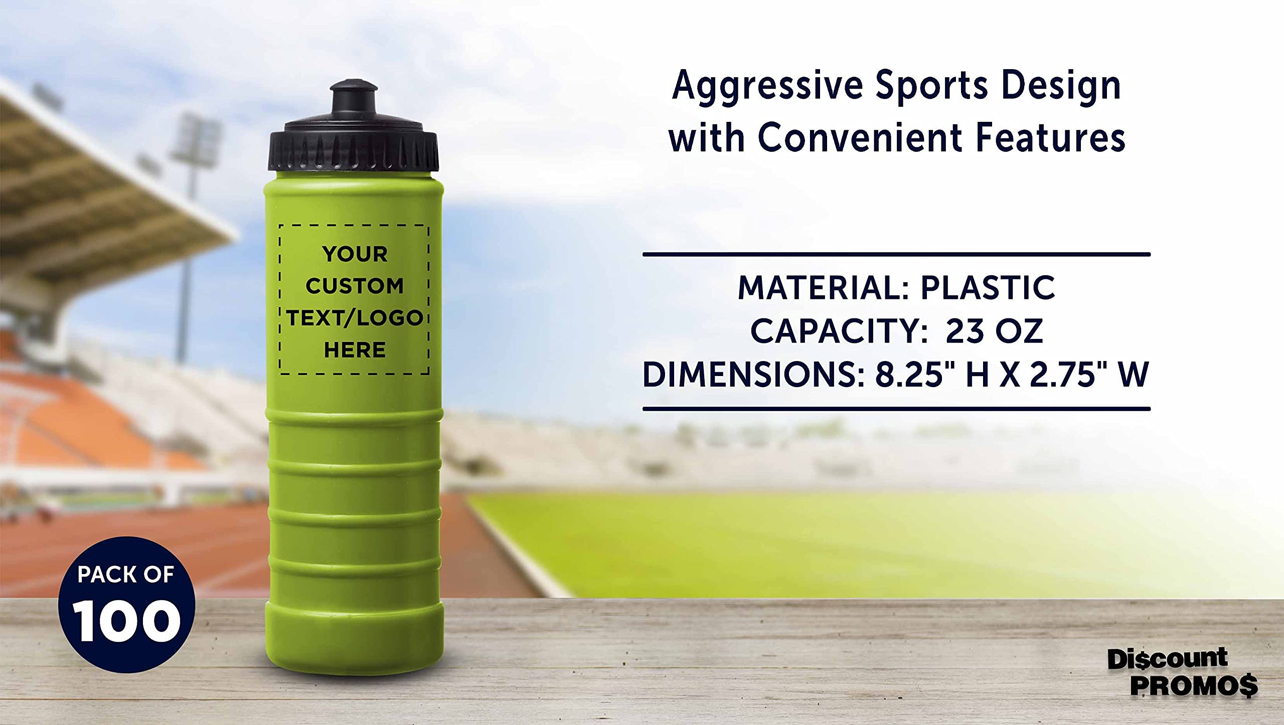 100 Pack 23 oz Plastic Water Bottles with Screw-On Lid & Grip Design - Customizable Text/Logo - Lime Green - Ideal for Sports, Events, Promotions & Bulk Hydration Needs