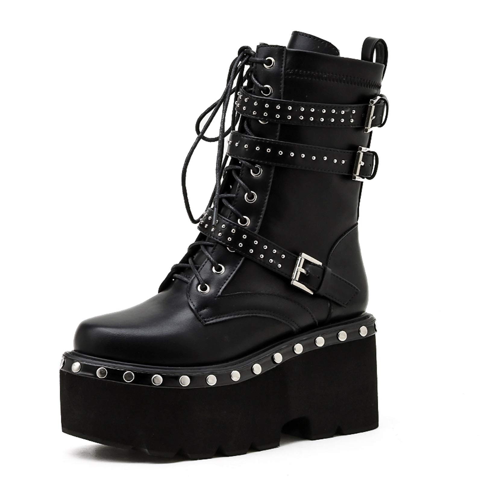 CYNLLIO Women's Fashion Block Heel Platform Combat Boots - Lace Up Studded Motorcycle Ankle Booties for Casual Outfits & Night Out
