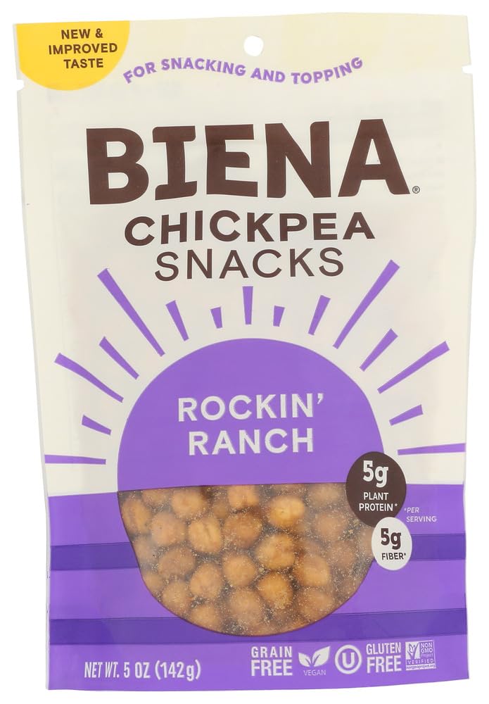 Biena All Natural Rockin' Ranch Chickpea Snacks 5oz (Pack of 2) - Healthy Vegan Protein Snack for On-the-Go, Office, and Movie Nights