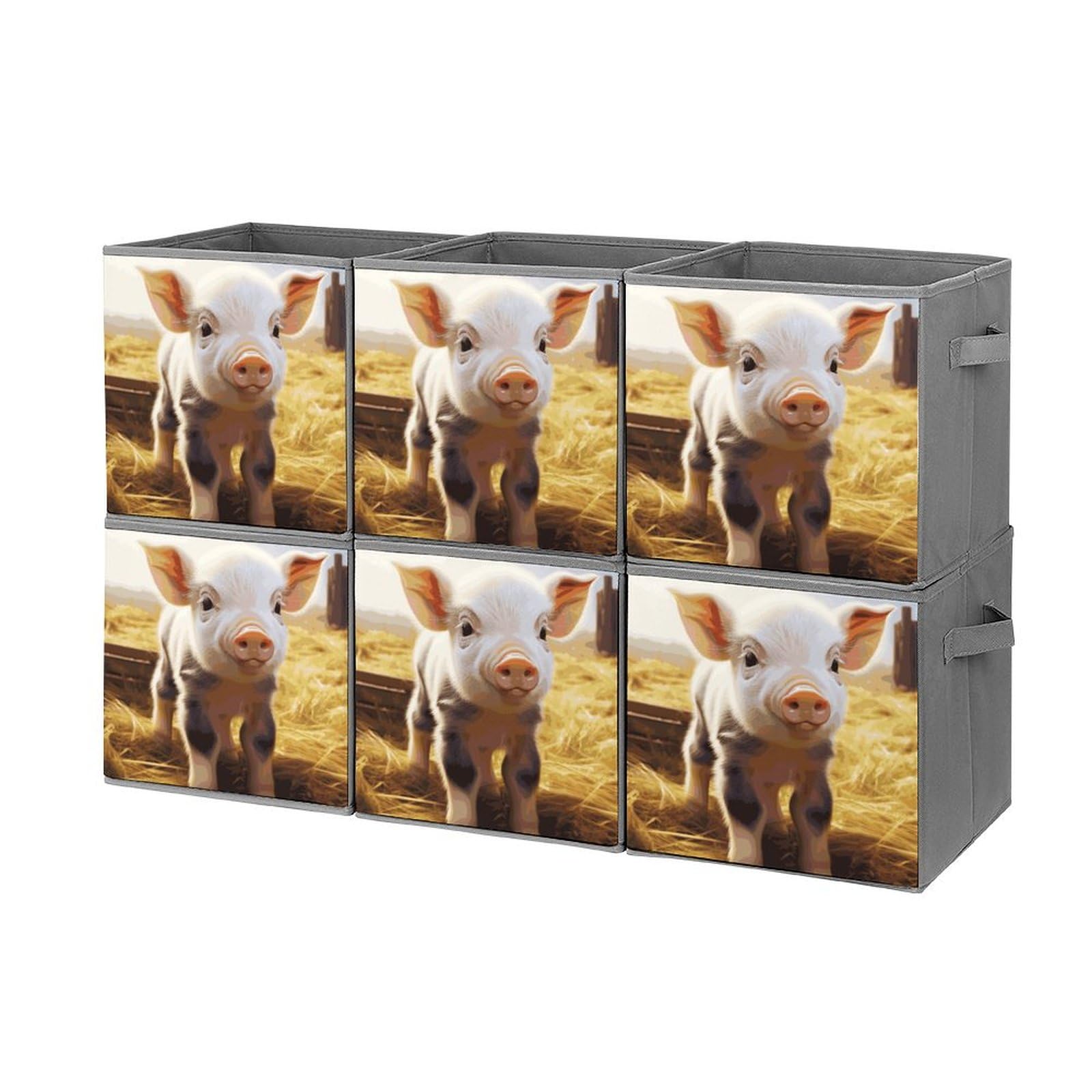 6PCS Collapsible Storage Bins with Handles - Cute Farm Animal Printed Foldable Organizer Boxes for Home, Kitchen, Nursery & Office Organization (Shelves, Closet, Toys, Books)