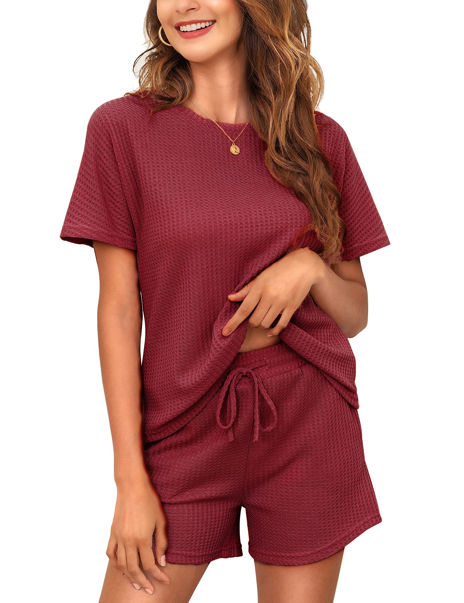 Women's Waffle Knit Pajama Set - Short Sleeve Top & Shorts 2-Piece Loungewear with Pockets | Soft Sleepwear for Nighttime & Cozy Home Relaxation