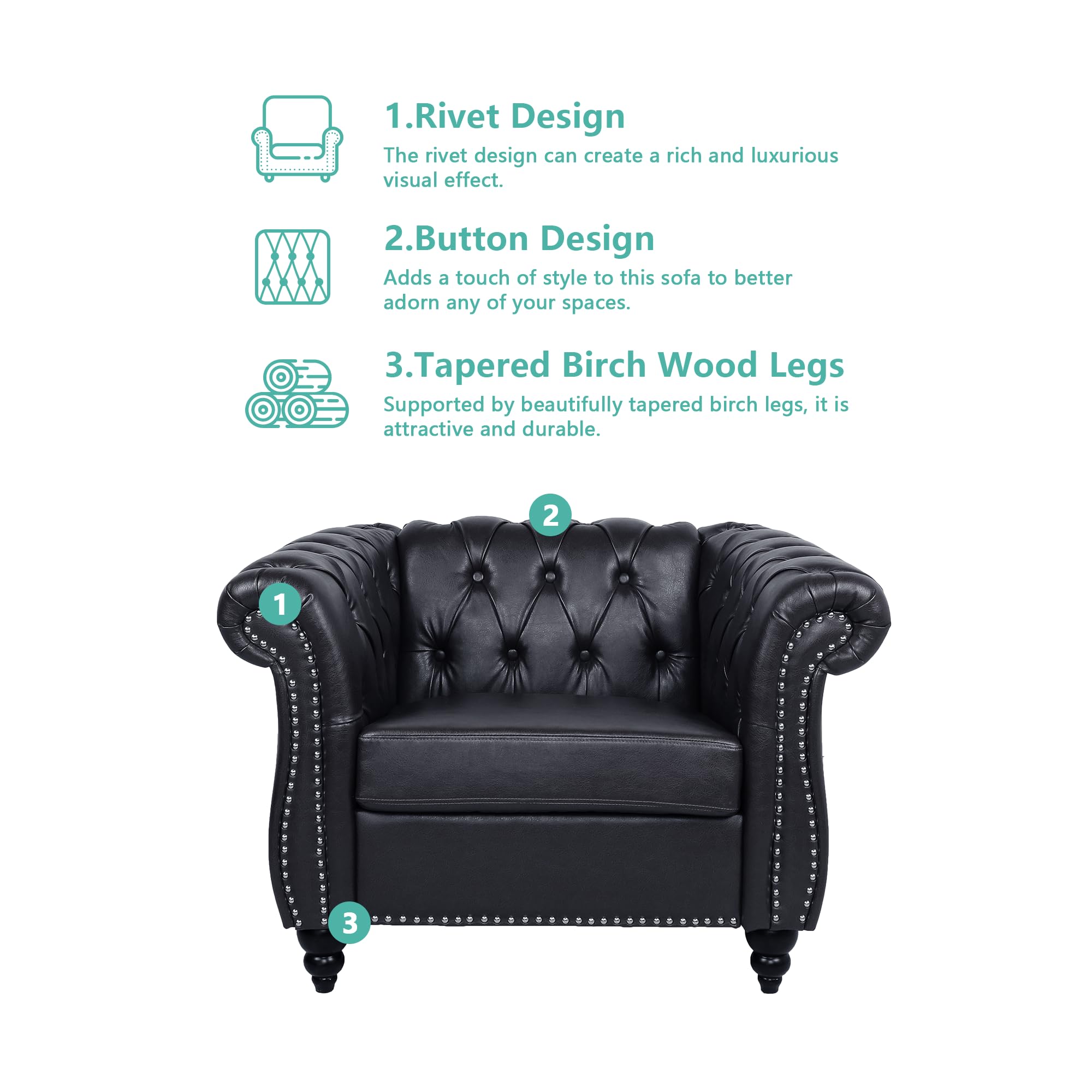 QHITTY Chesterfield Accent Chair - Modern Tufted Leather Upholstered Living Room Chair for Home Office & Lounge (Black) - Perfect for Reading Nooks, Living Rooms & Cozy Spaces