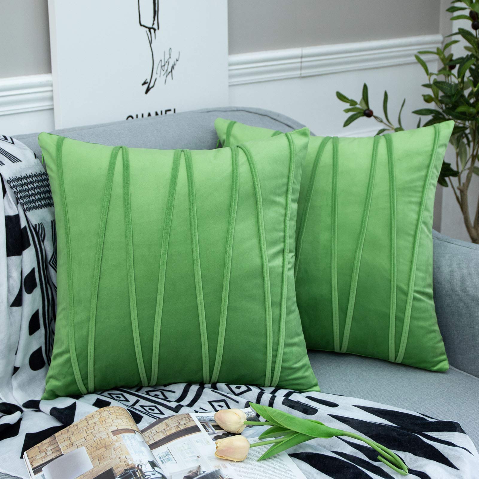 JUSPURBET 2-Pack Luxury Velvet Striped Throw Pillow Covers 22x22 Inches - Soft Decorative Cushion Cases for Sofa, Couch & Bed - Apple Green - Perfect for Living Room, Bedroom & Home Decor
