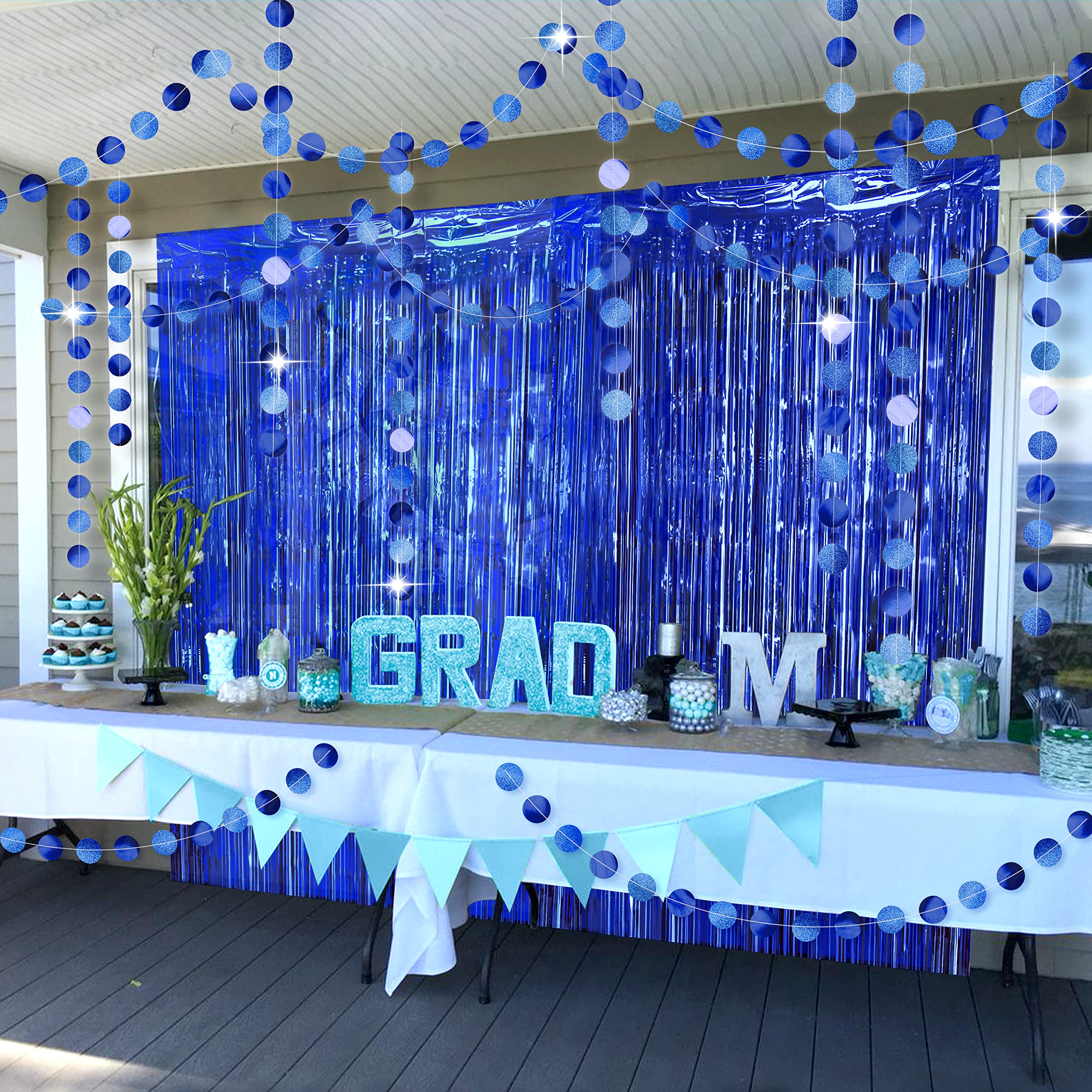 Blue Fringe Curtains & Circle Garlands - Boho Party Decorations for Wedding, Graduation, Bridal Shower, Bachelorette, Ramadan & Birthday | Backdrop Streamers & Banner for Indoor/Outdoor Events