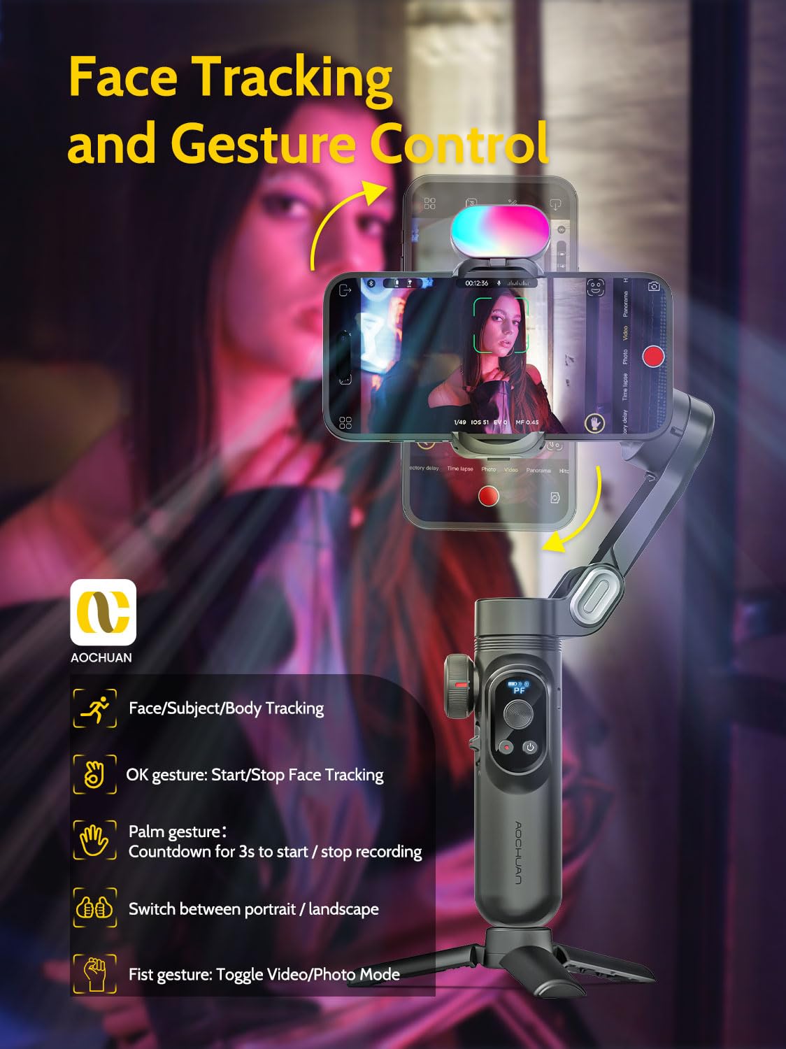 AOCHUAN XPRO KIT Black - Professional 3-Axis Smartphone Gimbal Stabilizer with RGB Magnetic Light & OLED Display for iPhone/Android | Face Tracking, Gesture Control | Perfect for Vlogging, Live Streaming & Content Creation