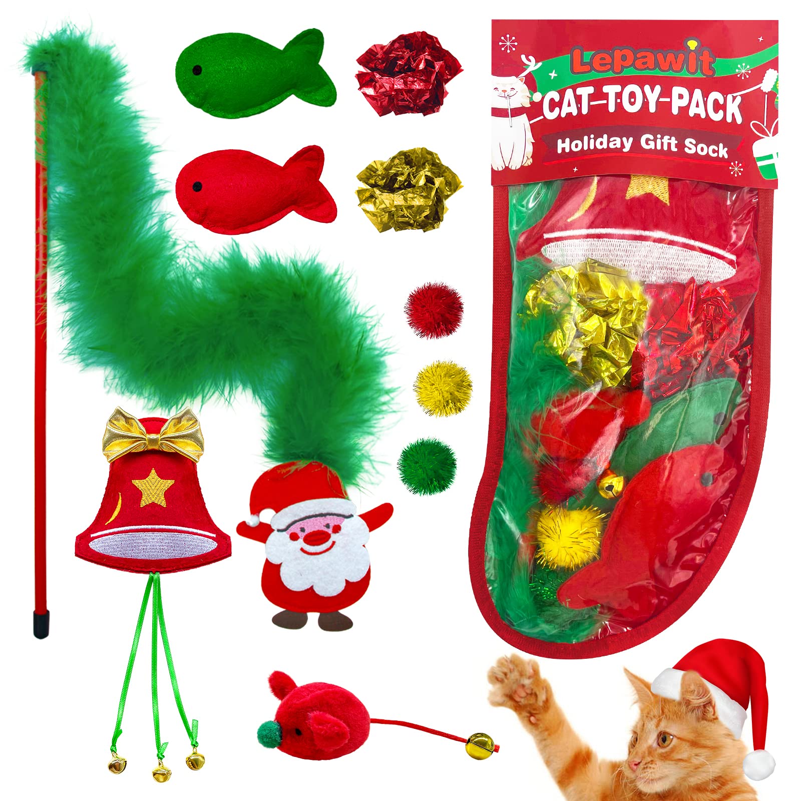 10 Pack Christmas Cat Stockings with Catnip Toys, Teaser, Balls & Feathers - Fun Holiday Gifts for Indoor Cats - Perfect for Playtime, Training & Christmas Decorations