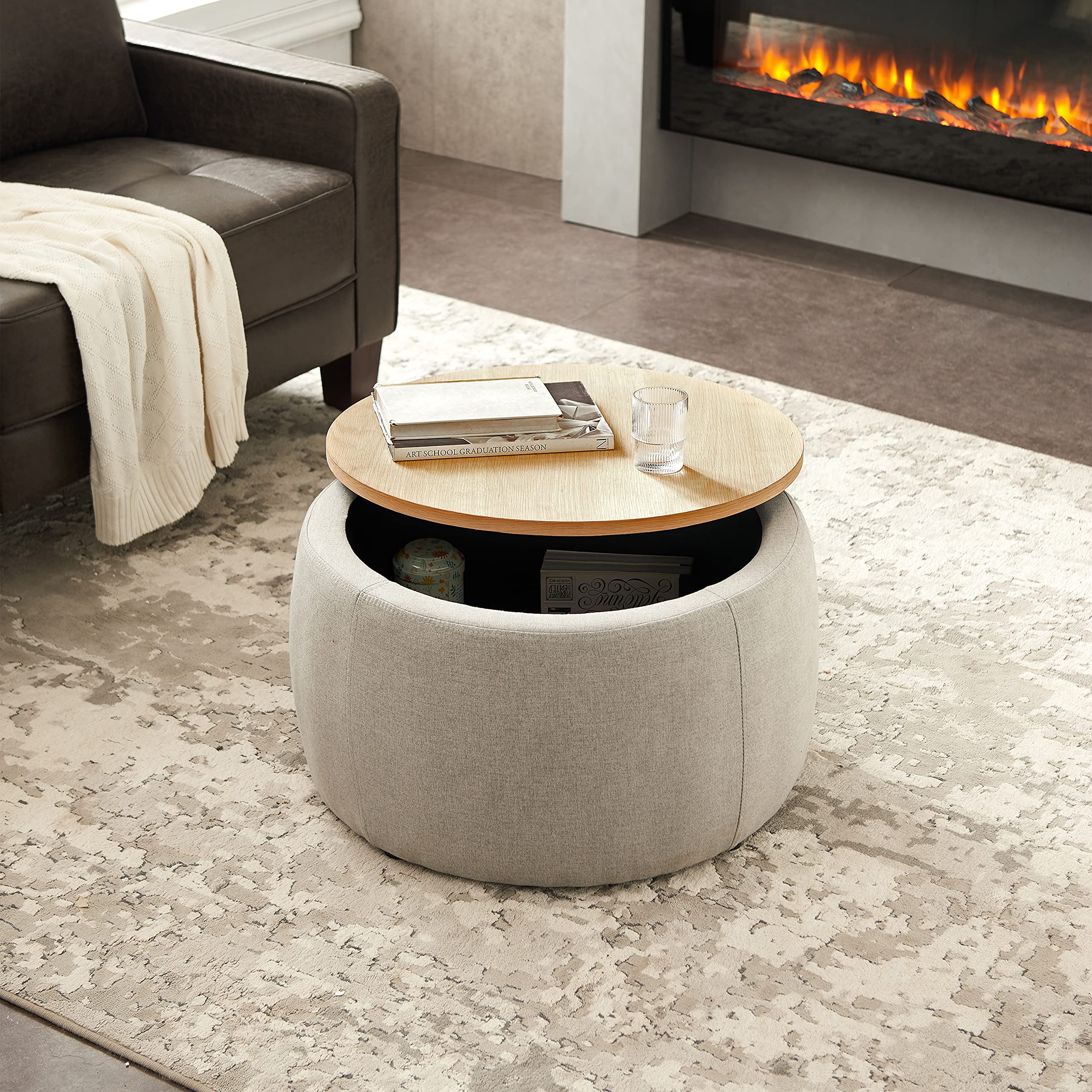 Round Storage Ottoman with Reversible Tray - Multifunctional Coffee Table, Foot Rest & End Table for Living Room - Light Gray - Perfect for Small Spaces, Home Decor & Extra Seating