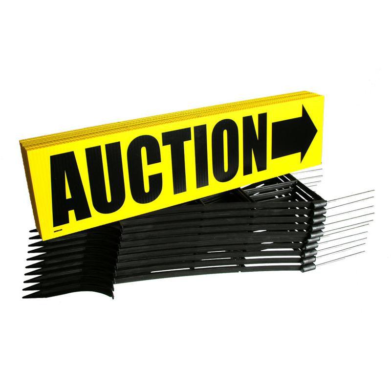 10 Pack Coroplast Auction Signs with 10 Step-in Stakes - Durable Yard Sale, Real Estate, and Event Signage for Outdoor Advertising
