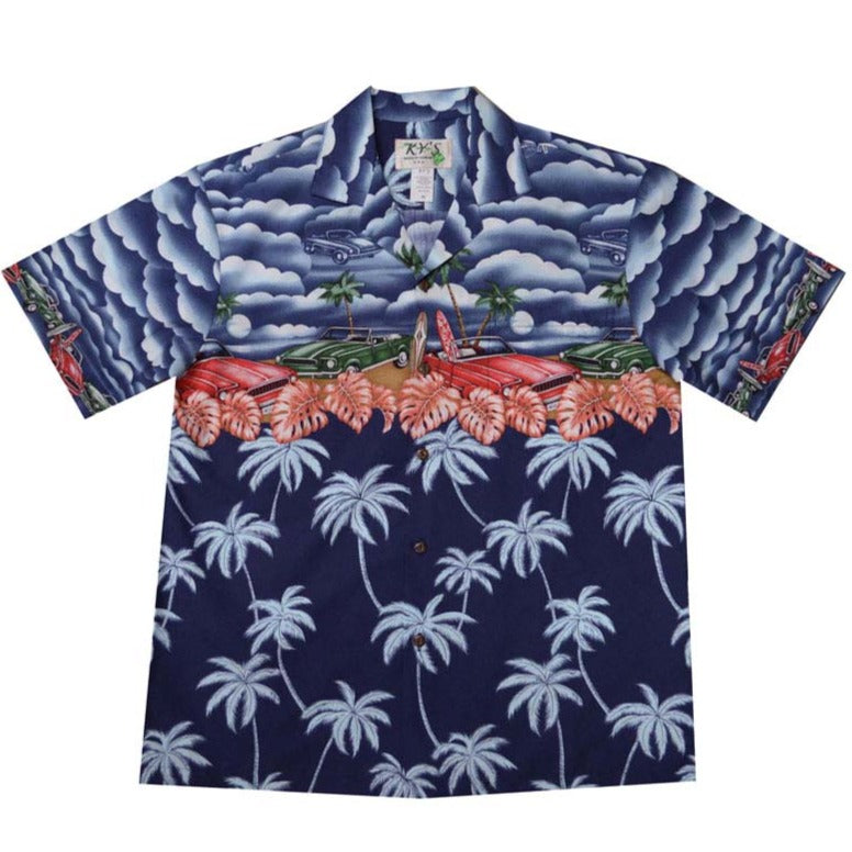Men's Muscle Cars Print Cotton Aloha Shirt - Vintage Classic Car Design Hawaiian Shirt for Casual Wear & Summer Vacations