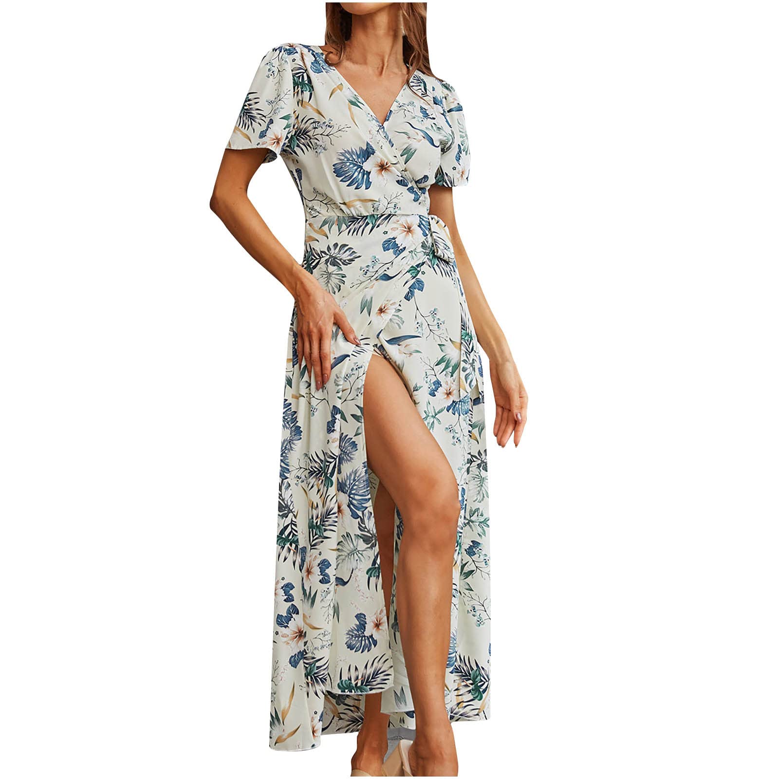 Women's Summer Casual Floral Print Bandage Dress - Sexy V-Neck Short Sleeve Maxi Dress with Side Slit for Beach, Party & Evening Wear | 2022 Fashion Trend
