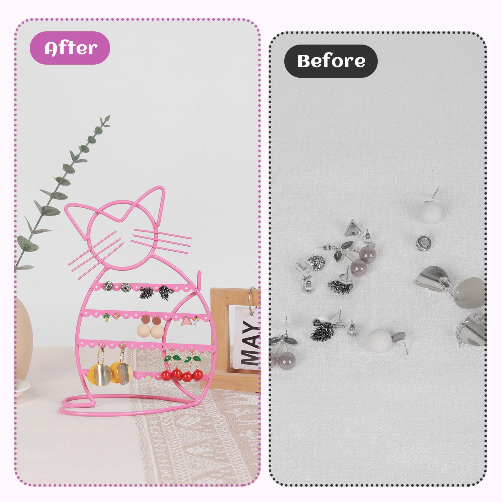 Stylish Pink Metal Cat-Shaped Jewelry Organizer Stand - 48 Stud Earring Holder & Display Vanity Tray for Women - Perfect for Bedroom Dresser, Bathroom Counter & Gift Giving
