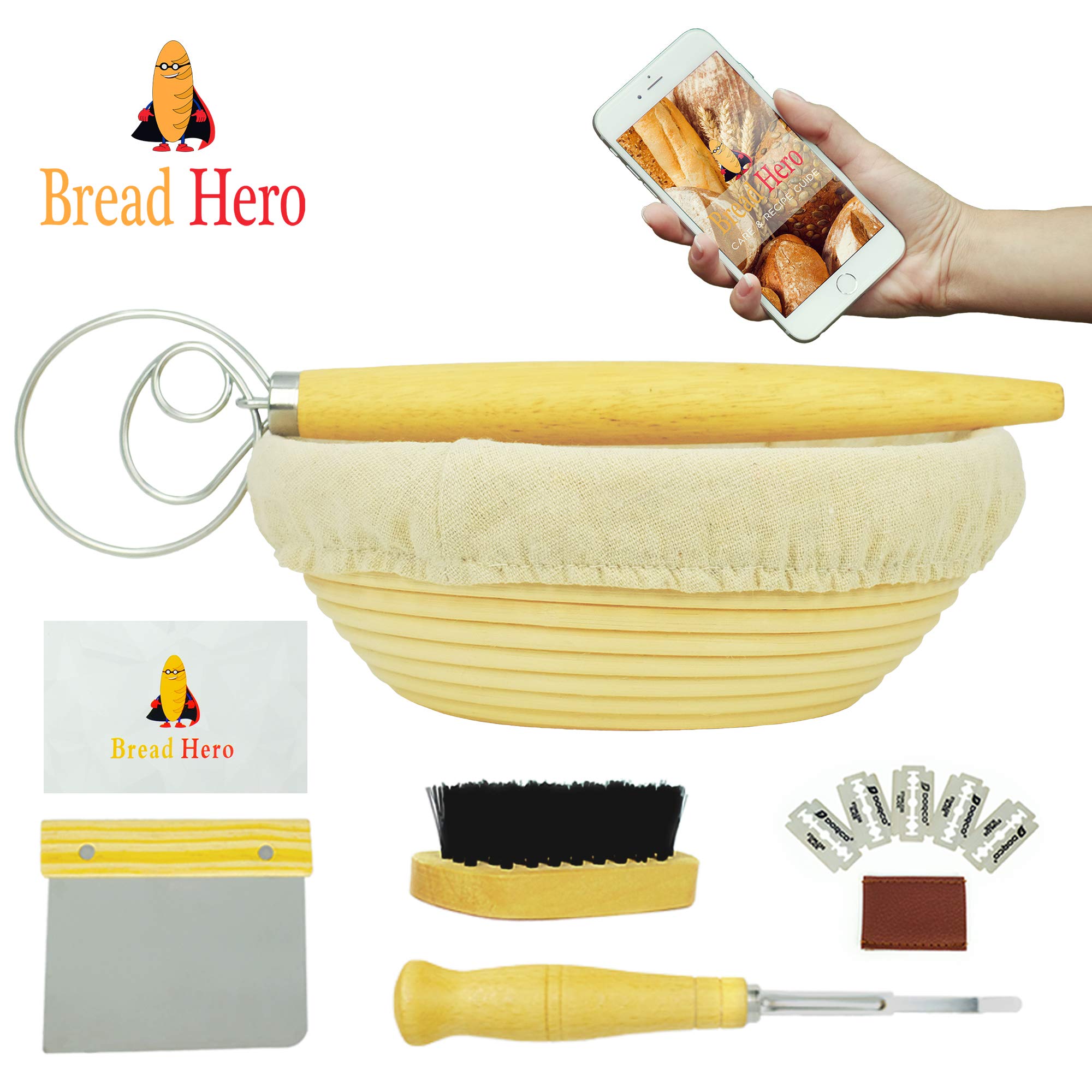 6-Piece Bread Proofing Basket Set with Banneton, Dough Scraper & Sourdough Starter Kit - Includes Professional Baking Ebook with 10 Recipes - Perfect for Beginners & Artisan Bread Making at Home