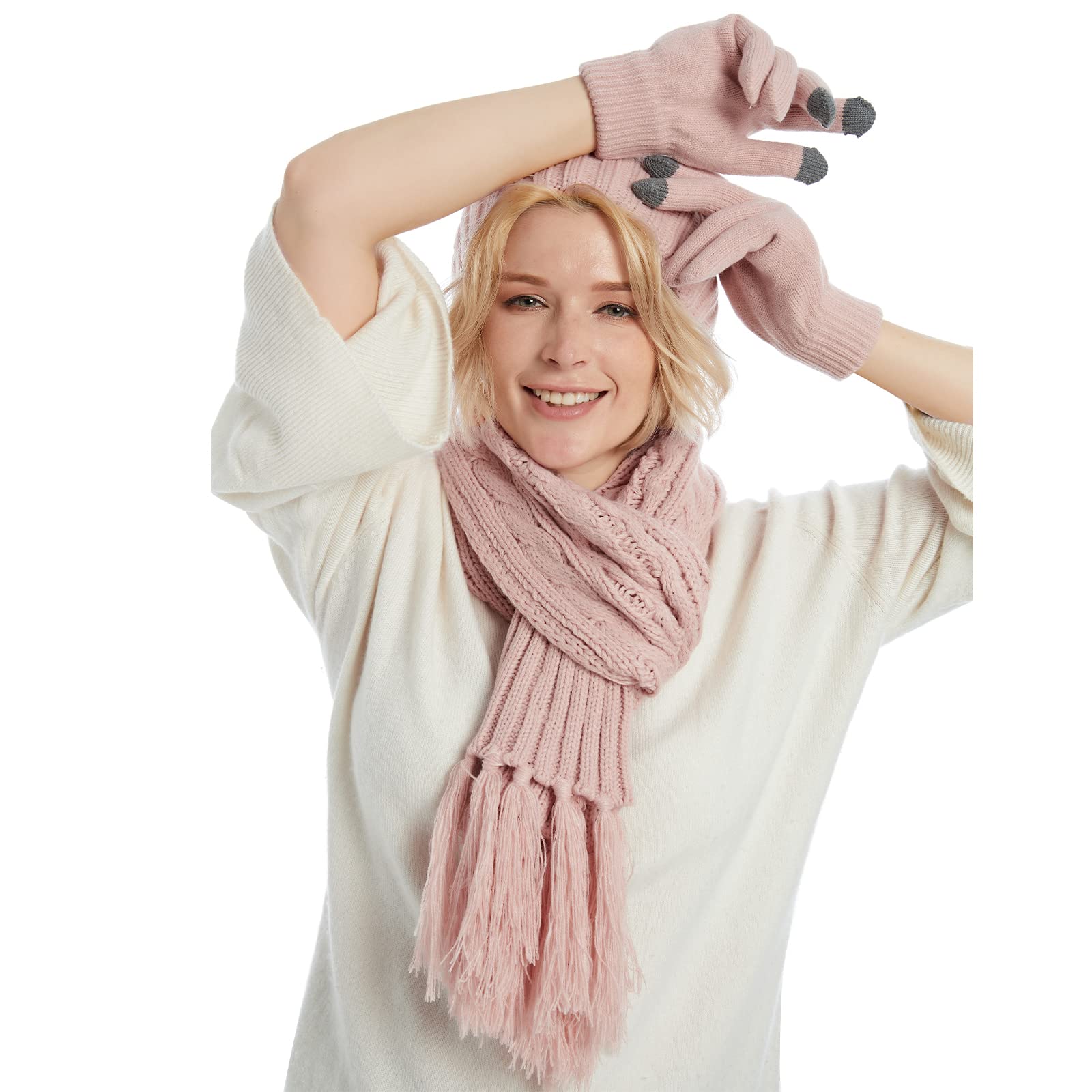 Cozy Fleece Lined Cable Knit Beanie Hat, Scarf & Gloves Set for Women & Men - Winter Warm Accessories for Skiing, Snowboarding & Outdoor Activities