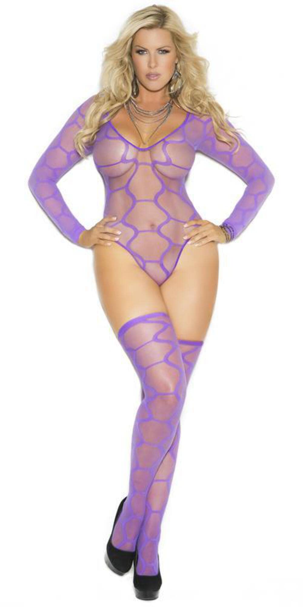 **Sexy Plus Size Purple Sheer Lingerie Teddy with Stockings - Comfortable & Flattering for Women, Perfect for Valentine's Day & Boudoir Photography**