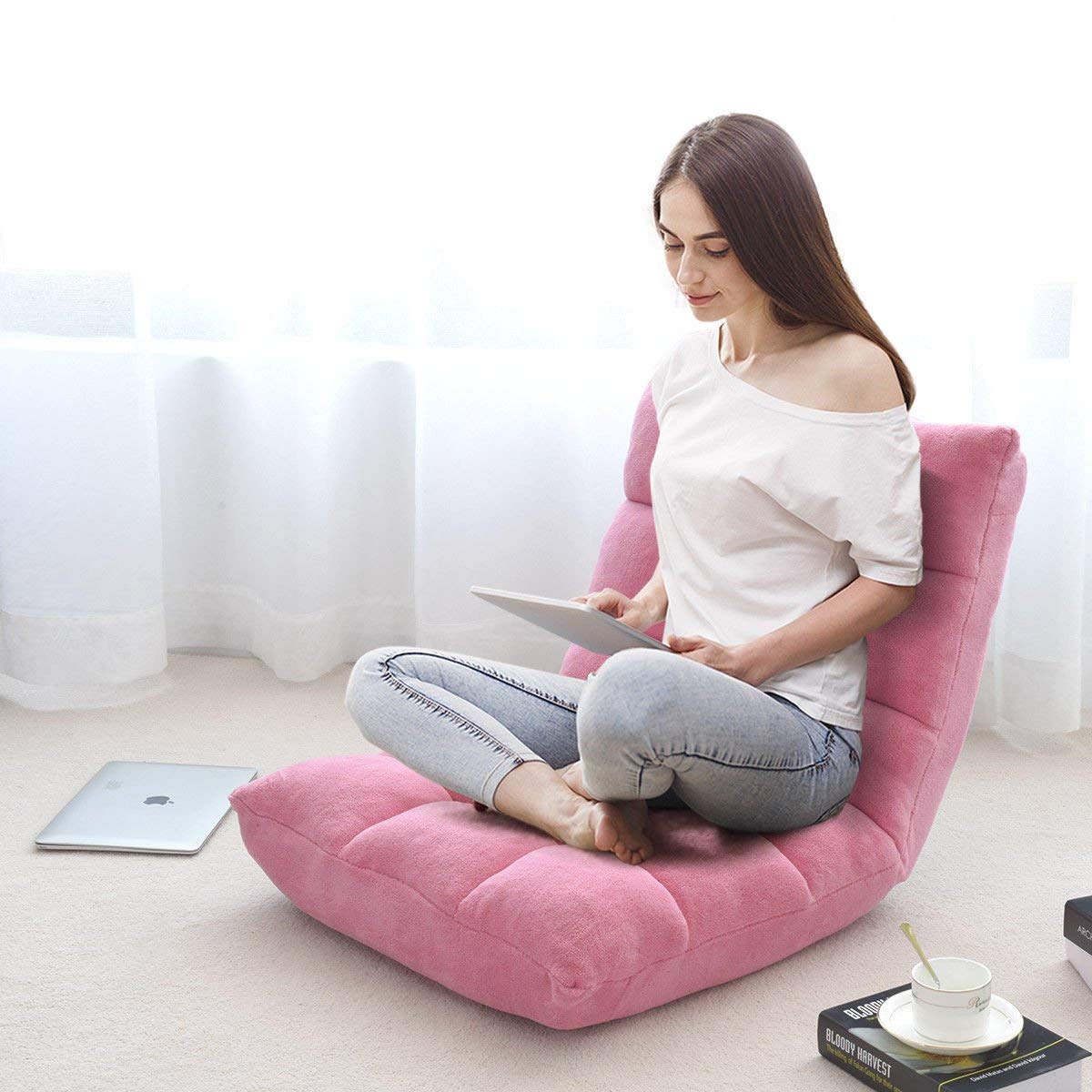 Casart Adjustable Floor Chair Lounger - 14-Position Folding Gaming Sofa with Steel Frame & Sponge Padding - Pink Chaise Lounge Recliner for Bedroom, Living Room, Gaming & Relaxation