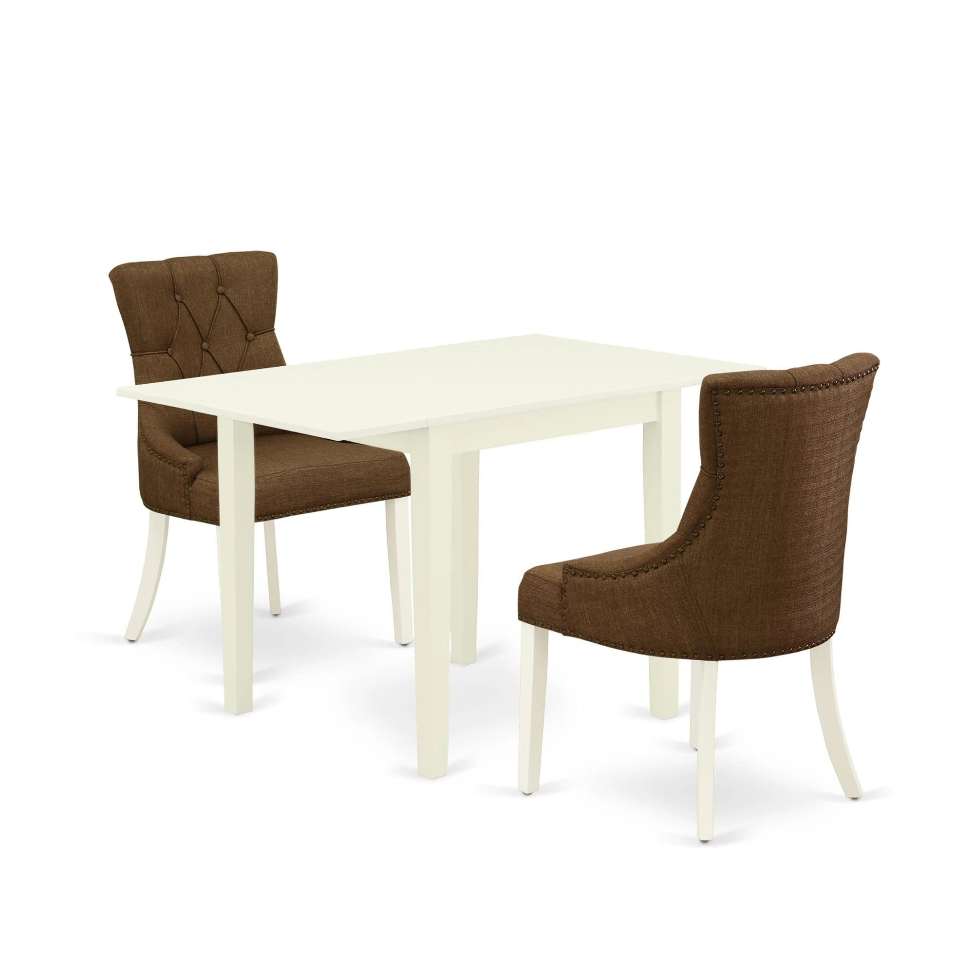East West Furniture 3 Piece Dining Set - Rectangle Drop Leaf Table & 2 Brown Linen Upholstered Parson Chairs, 30x48 Inch, Linen White | Perfect for Small Spaces, Breakfast Nooks & Cozy Apartments