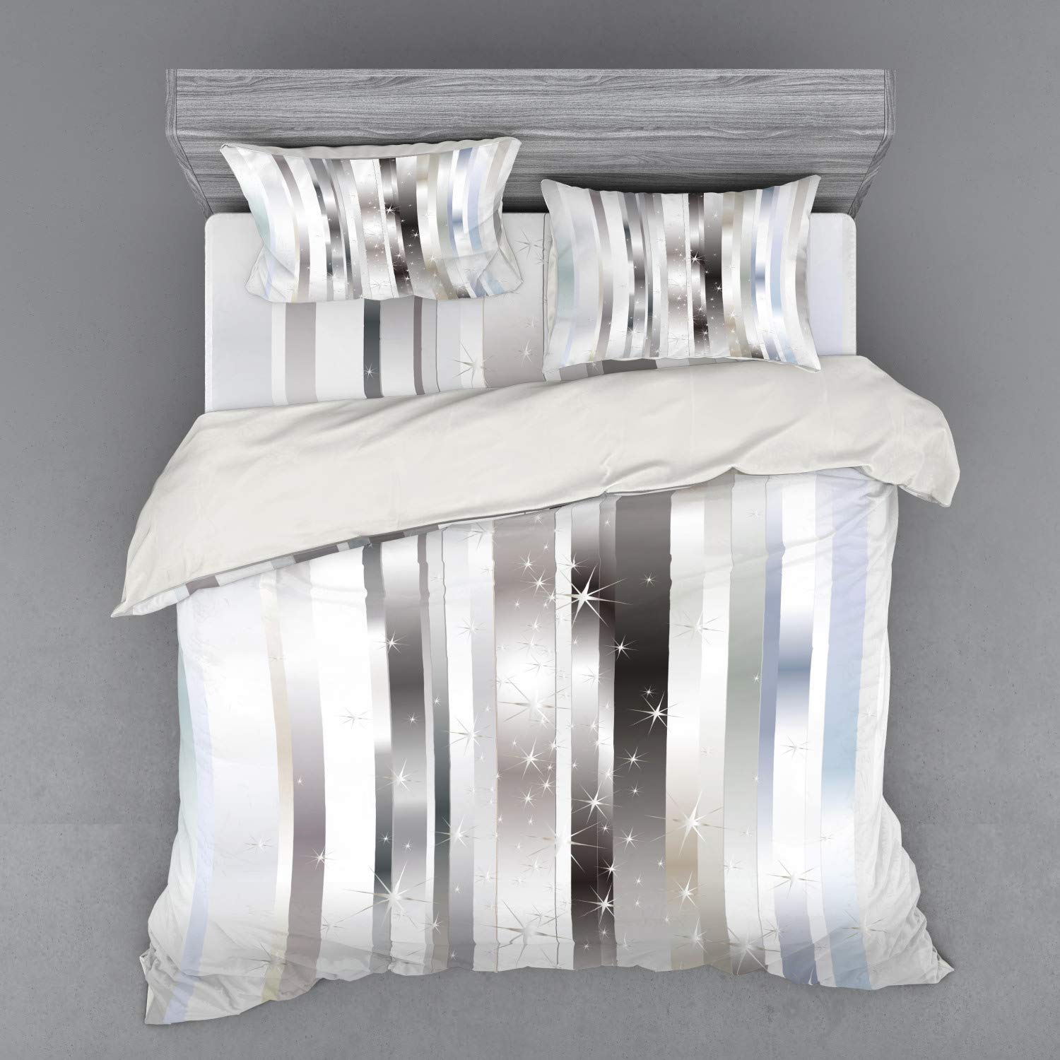 Ambesonne Stripes Duvet Cover Set - Modern Vertical Color Bands & Vibrant Star Design, 4-Piece King Size Bedding Set with Shams & Fitted Sheet, Grey Black Pale Blue - Perfect for Contemporary Bedrooms & Guest Rooms