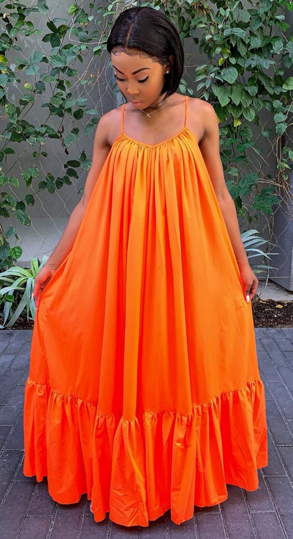 Women's Sexy Sleeveless Spaghetti Strap Maxi Dress with Ruched Detail & Ruffle Hem - Plus Size Beach Cover Up, Summer Party, Vacation Swing Dress