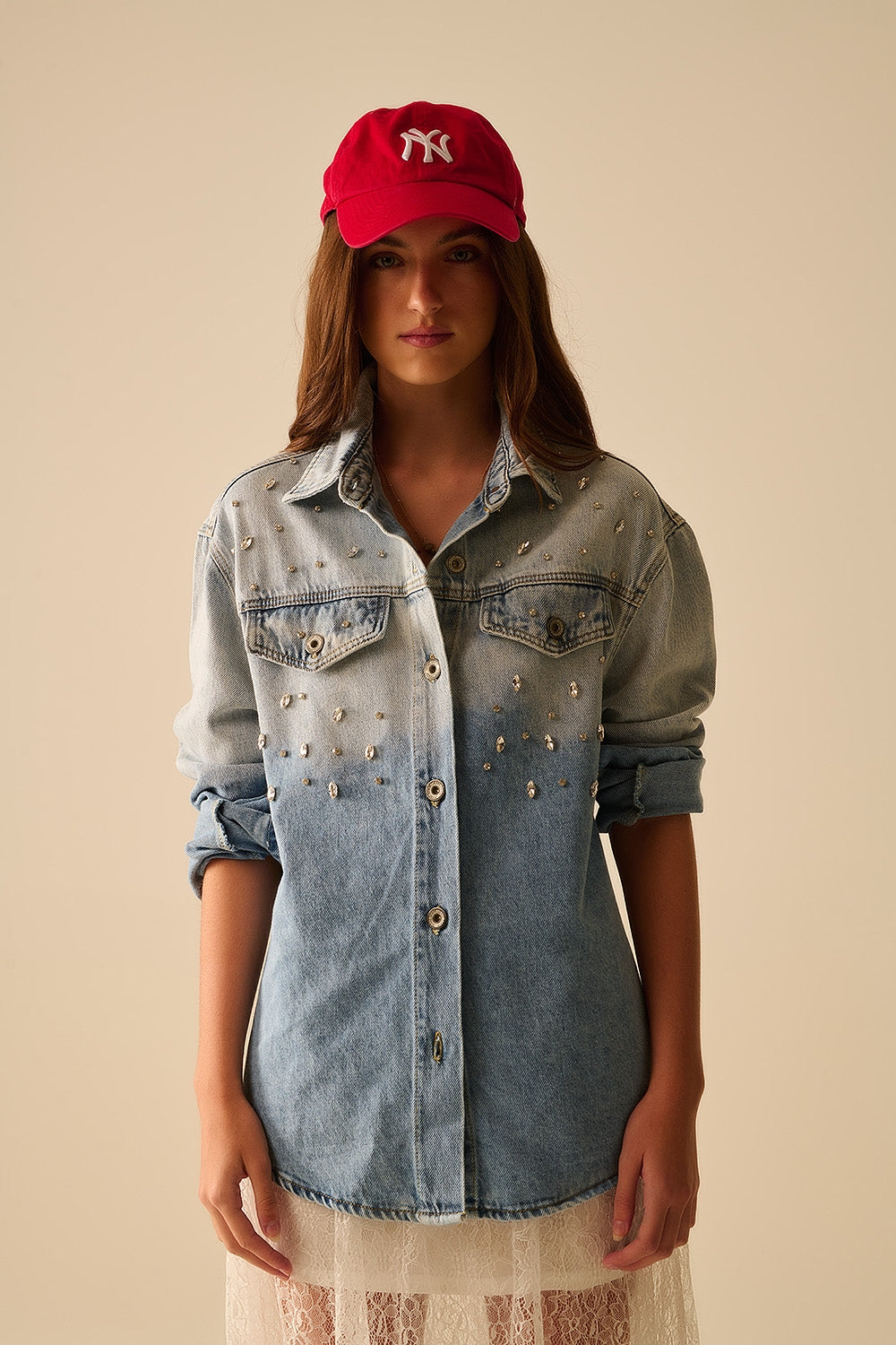 Distressed Denim Shirt with Chest Pockets & Embroidered Rhinestone Details - Casual Wear for Women, Perfect for Street Style & Everyday Outfits