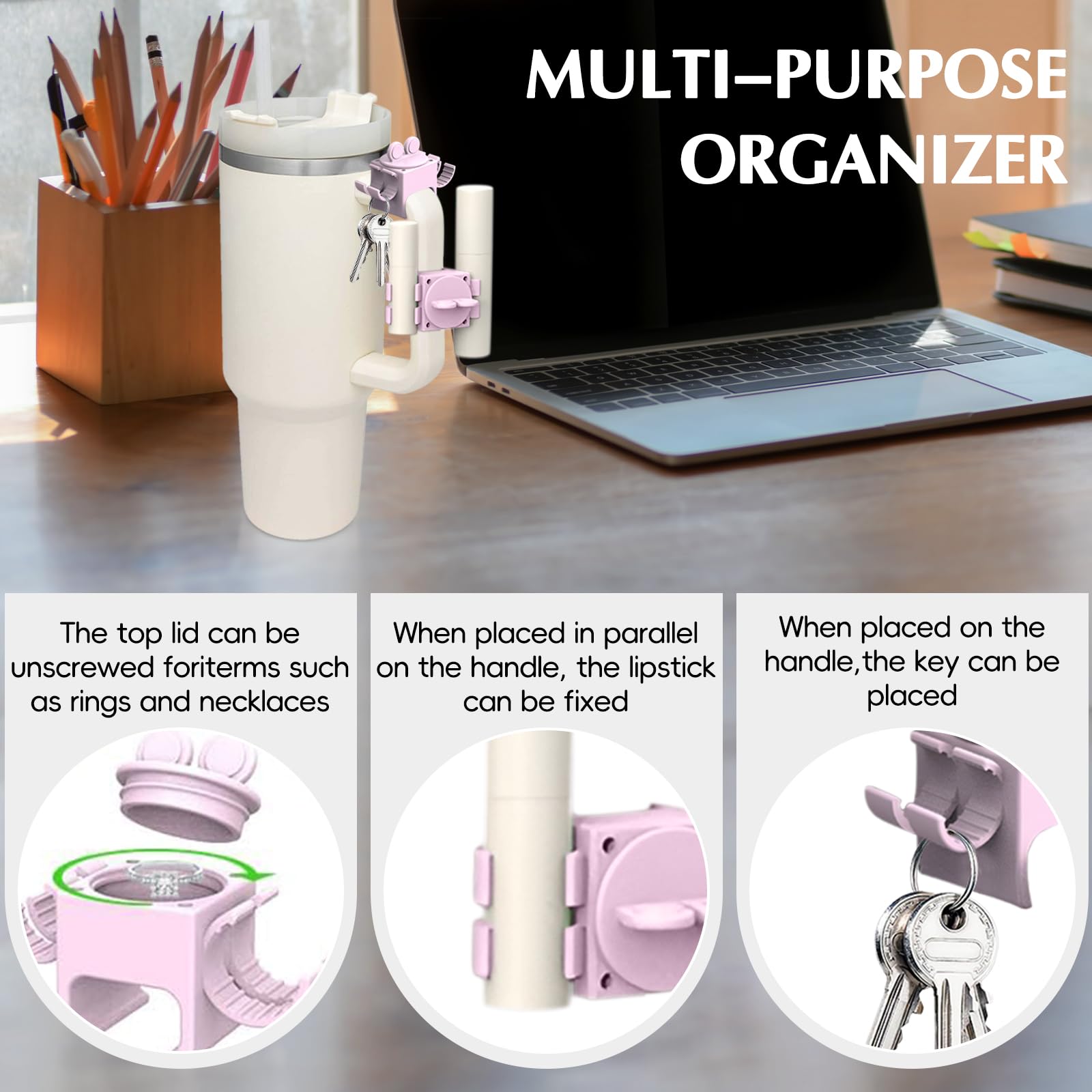 Stanley Quencher H2.0 Tumbler Handle Clips - 30oz & 40oz Cup Accessories, Chapstick Holder, Keychain & Jewelry Organizer in Pink - Perfect for Work, Gym & Outdoor Adventures