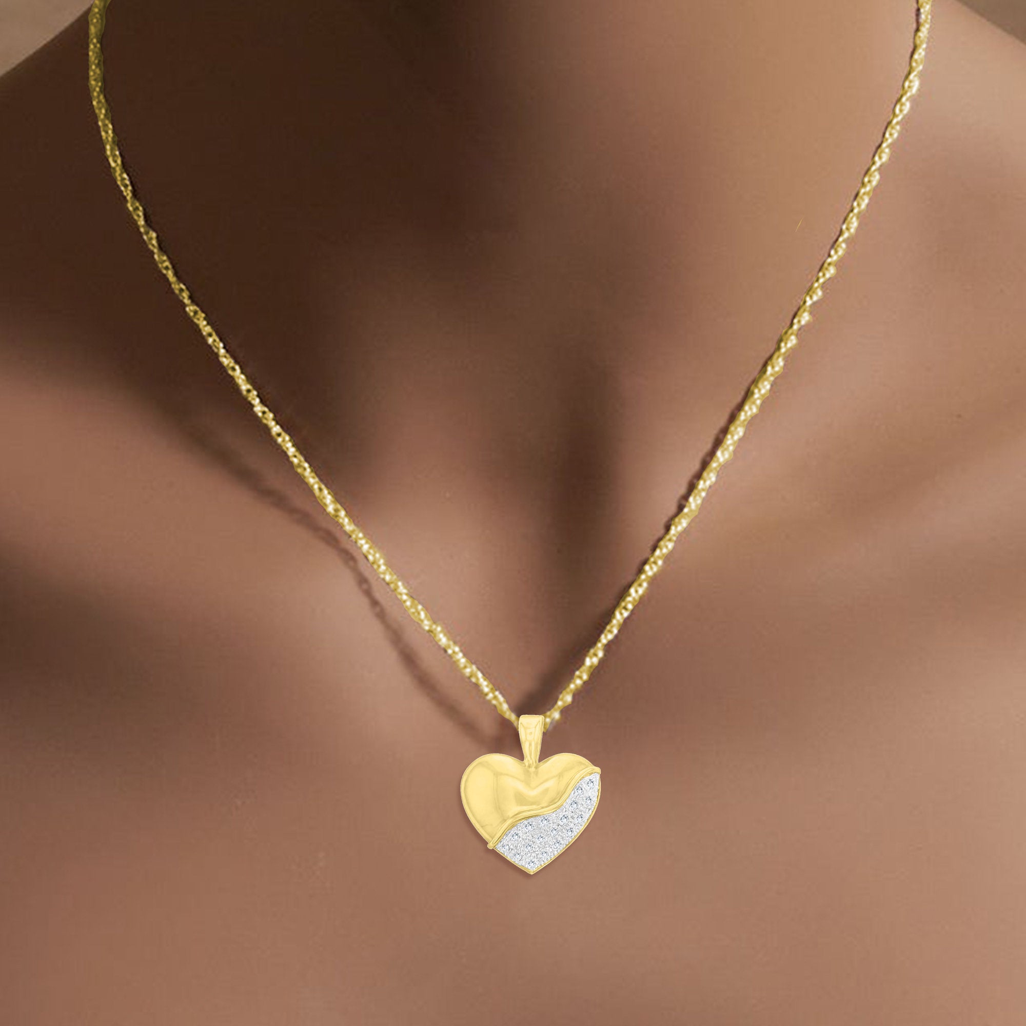 14K Yellow Gold Heart Shaped Diamond Pave Necklace .20cttw - Perfect for Valentine's Day Gifts, Anniversary Presents & Romantic Occasions
