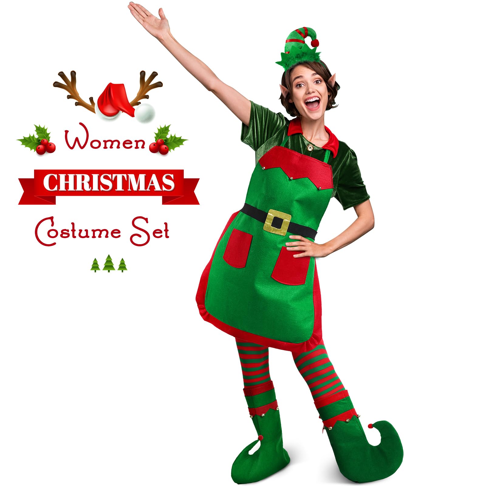 Women's Christmas Elf Costume Set - Santa Hat, Shoes, Socks & Ears Accessories | Festive Holiday Party Outfit for Xmas, Cosplay & Themed Events