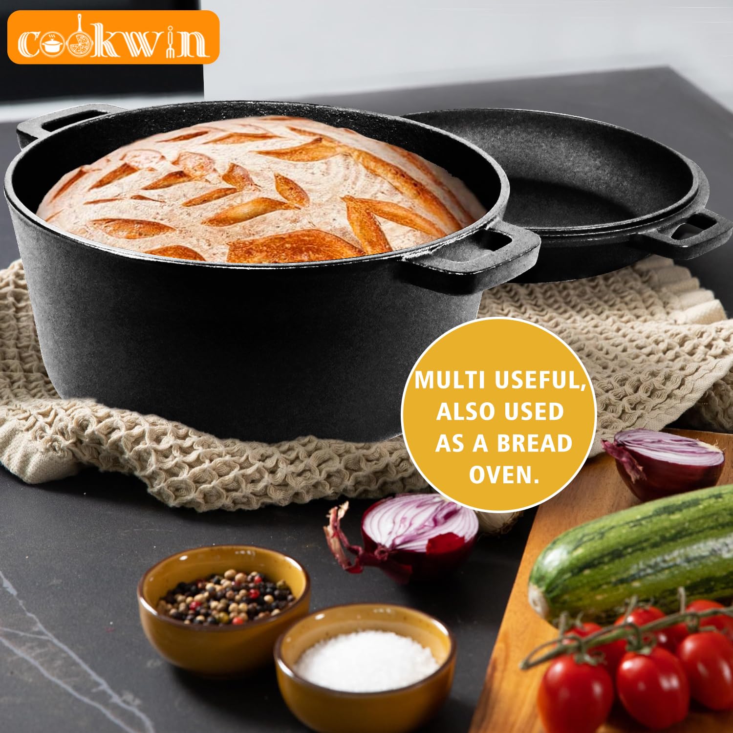 2-in-1 Pre-Seasoned Cast Iron Dutch Oven with Lid - 5.5 Quart Enameled Cookware Set for Camping, Lodge & RV - Perfect for Stews, Baking Bread & Outdoor Cooking