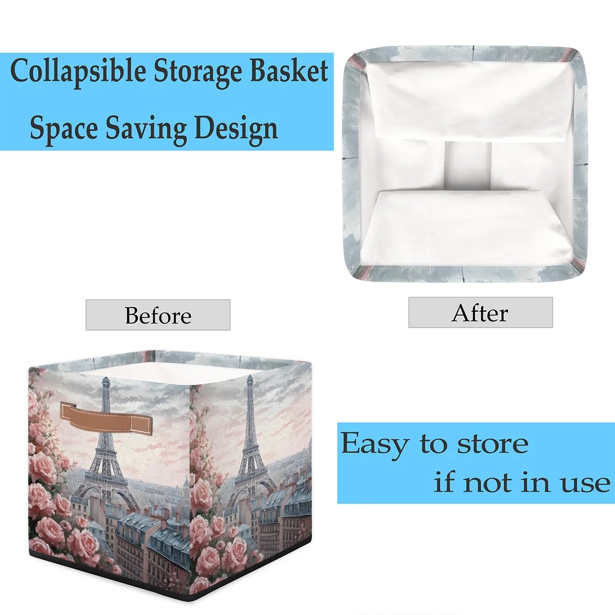 13 Inch Collapsible Storage Basket with Leather Handle - Foldable Organizer Bin for Closet, Shelves & Home Decor | Perfect for Bedroom, Bathroom & Nursery Organization (Rose Tower Design)