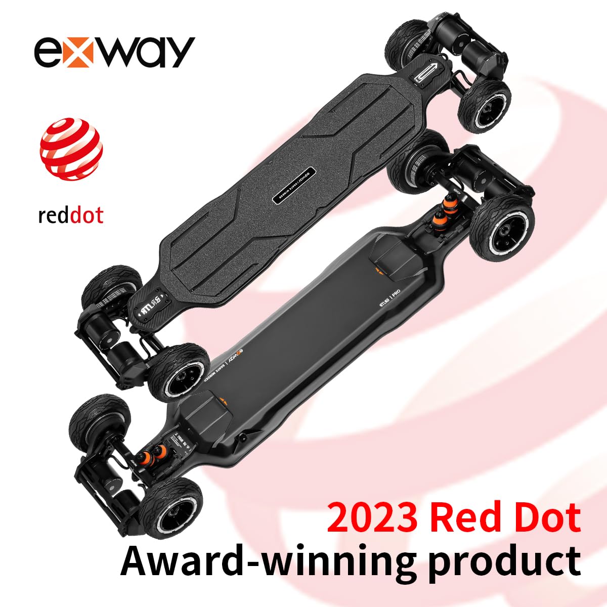Exway Atlas & Atlas Pro All-Terrain Electric Skateboard - 35MPH Top Speed, 24 Mile Range Off-Road Mountain Board with AUXPack Battery Option | Professional Adult Electric Longboard for Commuting, Trail Riding & Adventure Sports