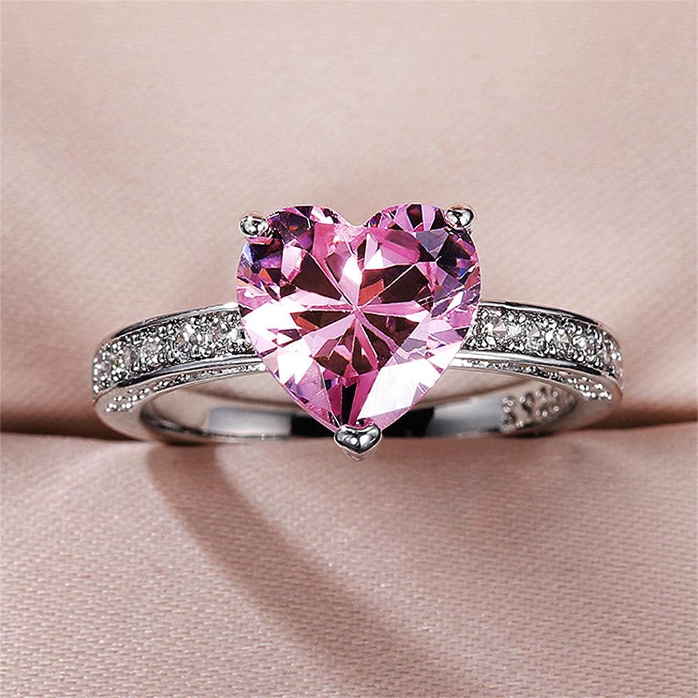 925 Sterling Silver Heart-Shaped Pink Cubic Zirconia Ring with Full Diamond Accents | Shiny CZ Engagement Wedding Band for Women | Perfect for Anniversary, Valentine's Day & Romantic Occasions (Size 7)