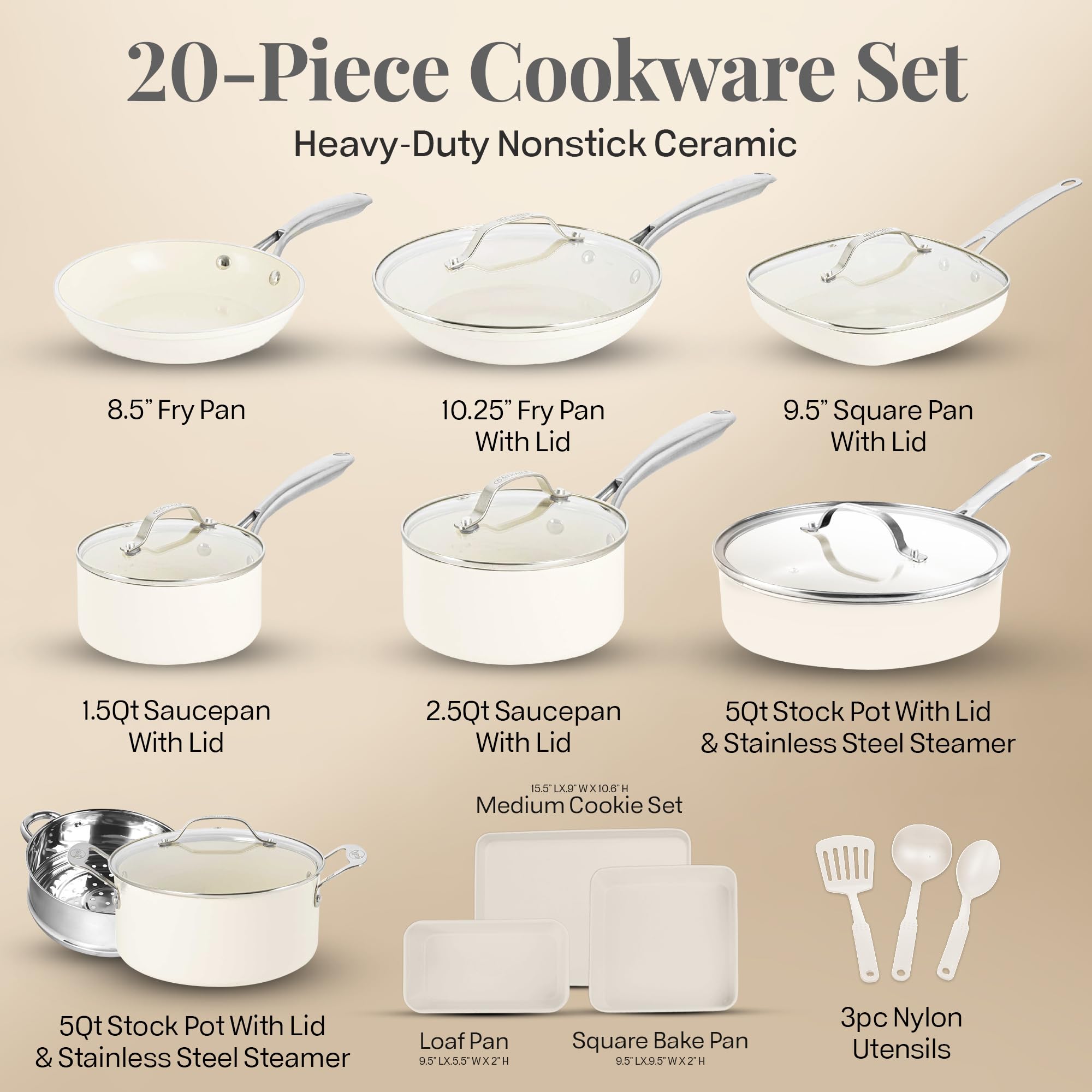 GOTHAM STEEL 20-Piece Ceramic Nonstick Cookware Set - Pots & Pans Kitchen Set with Bakeware & Utensils, Non-Toxic, Oven & Dishwasher Safe - Perfect for Everyday Cooking, Baking, and Family Meals
