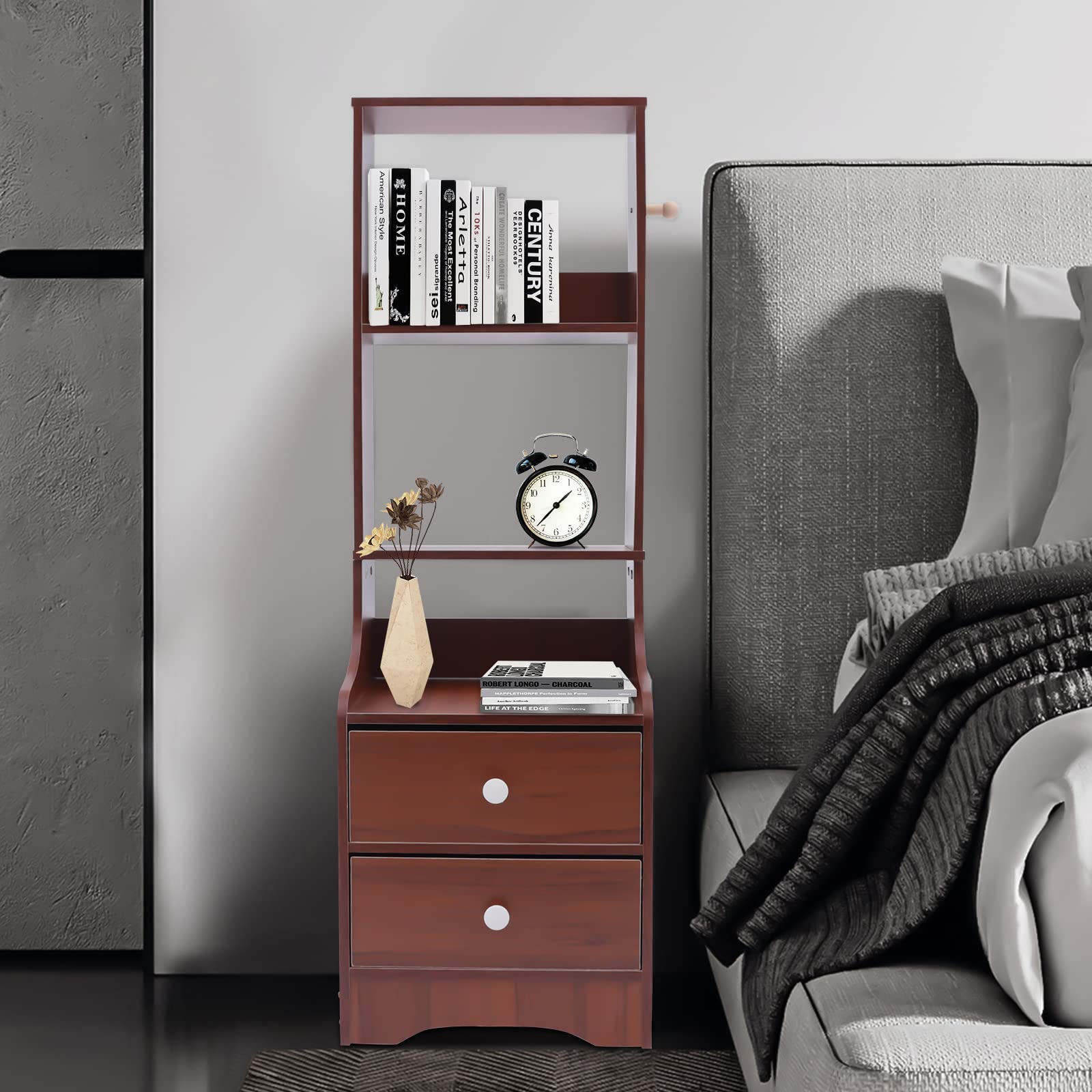 Modern 2-Drawer Nightstand with Storage Shelf - Tall Bedside Table for Bedroom, Living Room & Home Office - Antique Sandalwood Finish End Table Cabinet - Perfect for Small Spaces, Guest Rooms & Apartment Decor