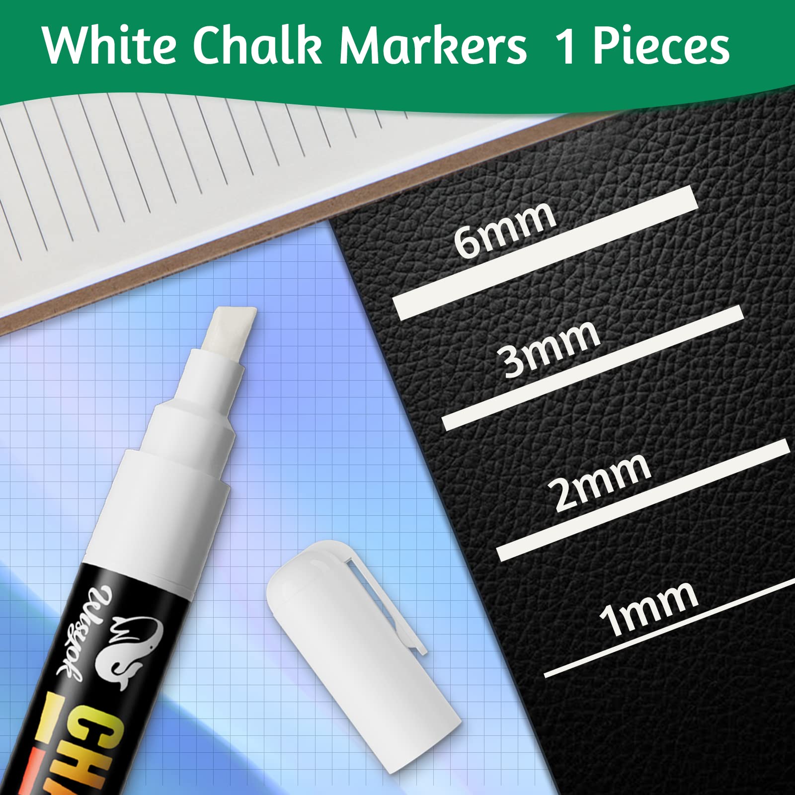 White Liquid Chalk Markers - 1 Pack with 6mm Reversible Bullet & Chisel Tip for Chalkboards, Windows, Glass, Acrylic - Erasable Ink for Signs, Menus, Restaurant Boards & DIY Crafts