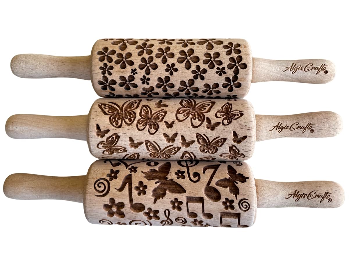 Algis Crafts Wooden Laser Cut Mini Rolling Pin Set - 3 Piece Kids Baking Tools for Cookies, Play Dough & Clay (Butterfly, Music, Flower Designs) - Perfect for Summer Crafts, DIY Projects & Pretend Play