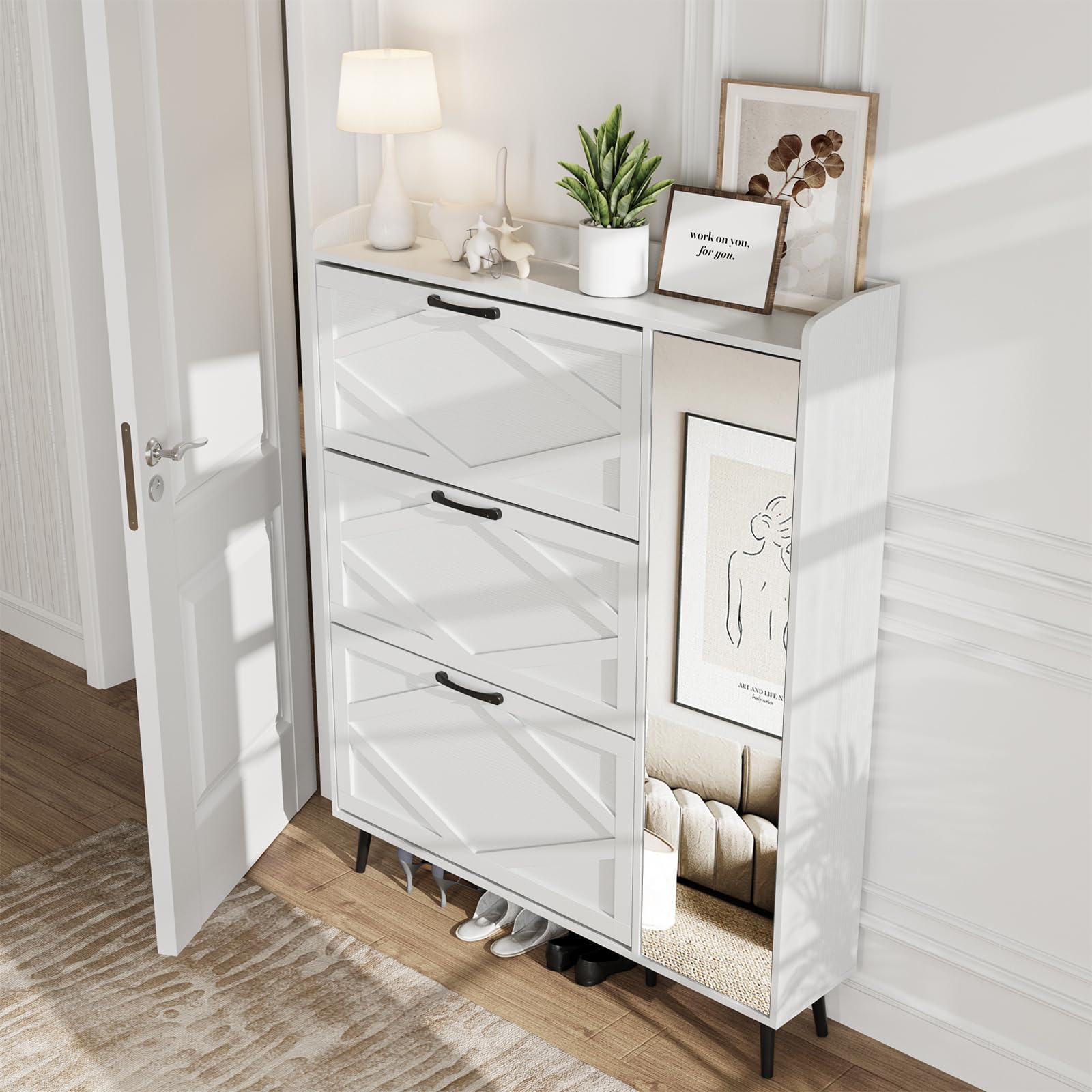 Maupvit 3-Tier Flip Drawer Shoe Cabinet with Mirror - Hidden Shoe Storage Organizer with 5 Wooden Legs, Slim Entryway Shoe Rack with Shelves & Door - Perfect for Hallway, Living Room & Bedroom Closet (White)