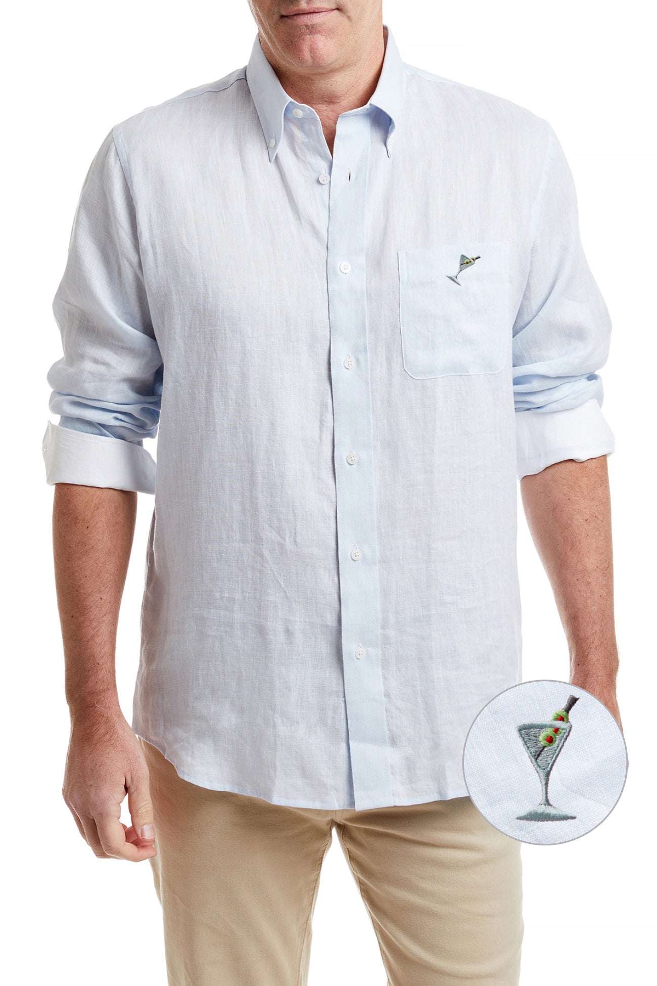Chase Shirt Powder Blue Linen with Single Martini Pocket - Stylish Men's Casual Button Down Shirt for Summer, Office & Cocktail Parties