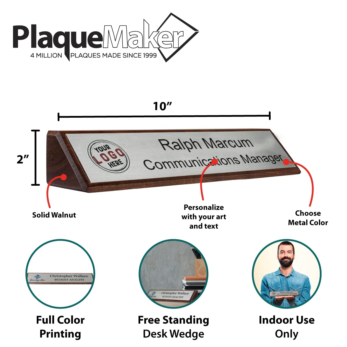 Premium Walnut Wood Desk Wedge - Silver Finish 10x2 Inches - Perfect for Laptop Stand, Monitor Riser & Ergonomic Workspace Setup