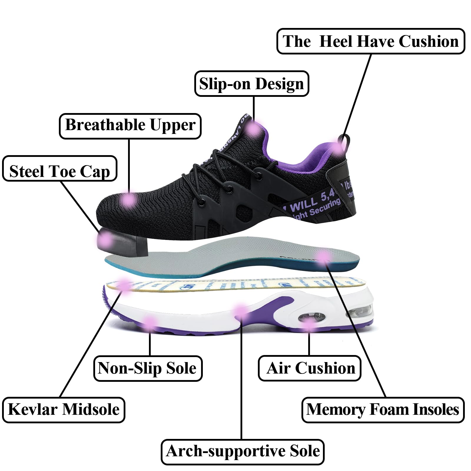 Indestructible Women's Steel Toe Work Shoes - Lightweight Breathable Safety Sneakers with Air Cushion & Composite Toe | Puncture & Slip Resistant | Perfect for Construction, Warehouse & Outdoor Work